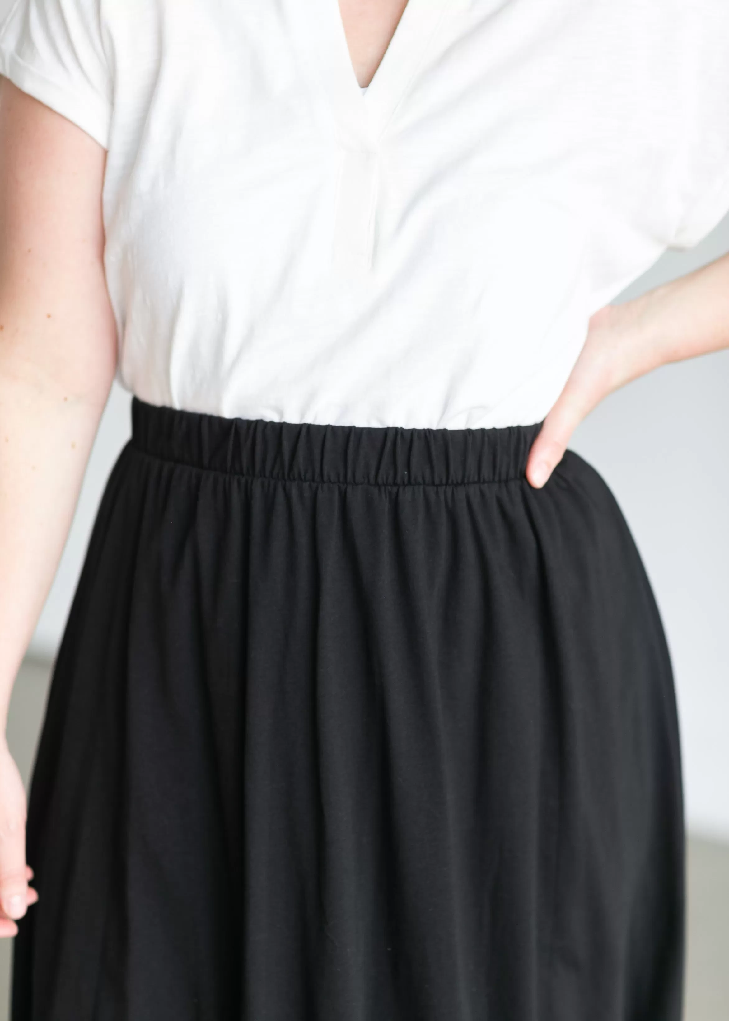 A-line Black Elastic Waist Midi Skirt - FINAL SALE