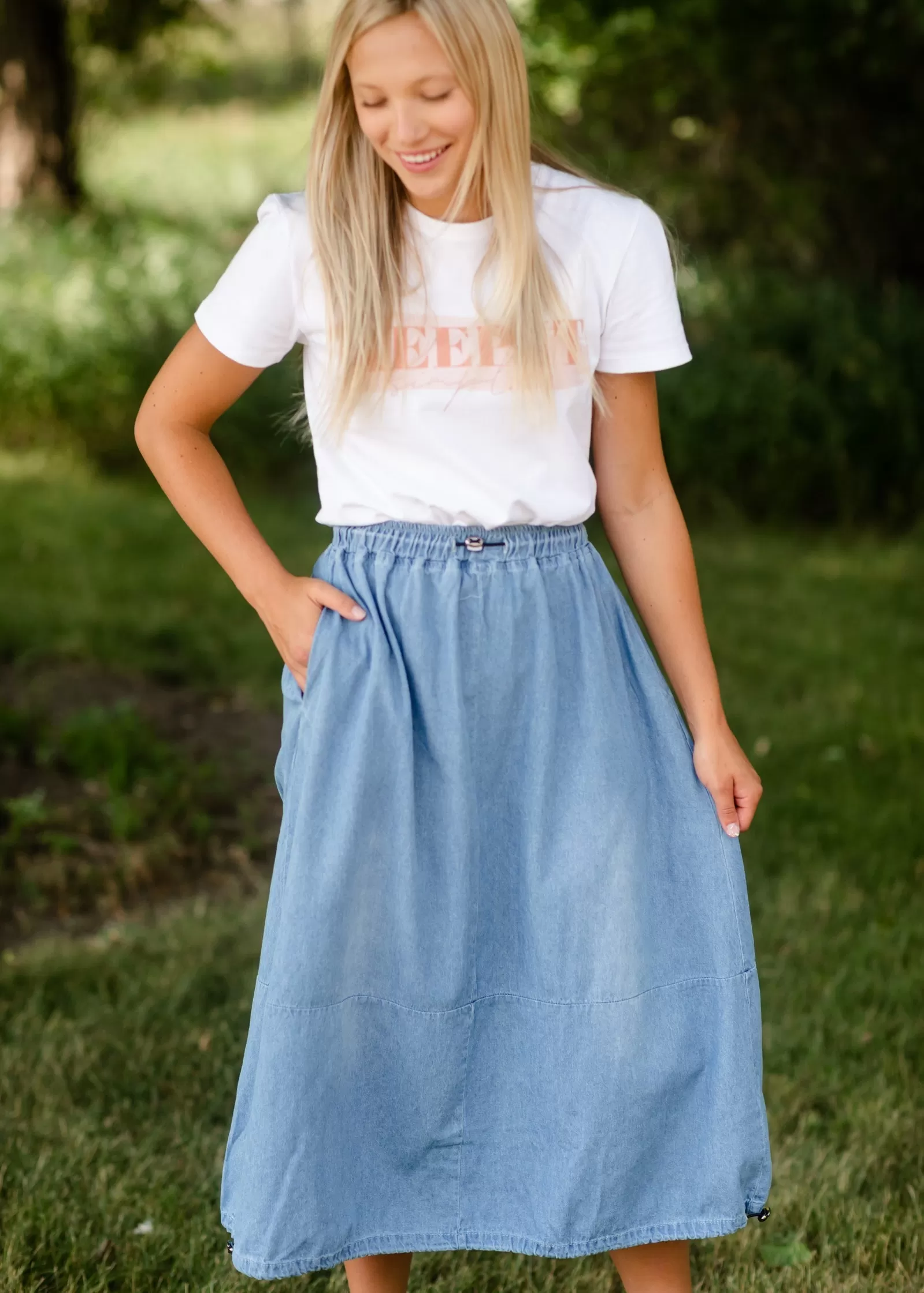 Adjustable Light Denim Cotton Midi Skirt - FINAL SALE