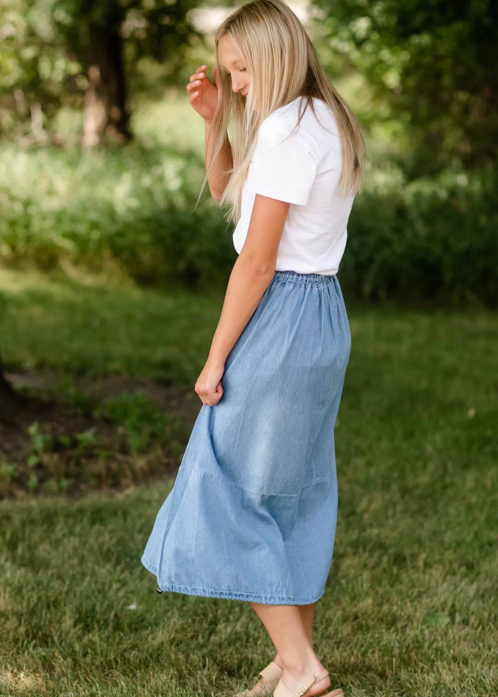 Adjustable Light Denim Cotton Midi Skirt - FINAL SALE