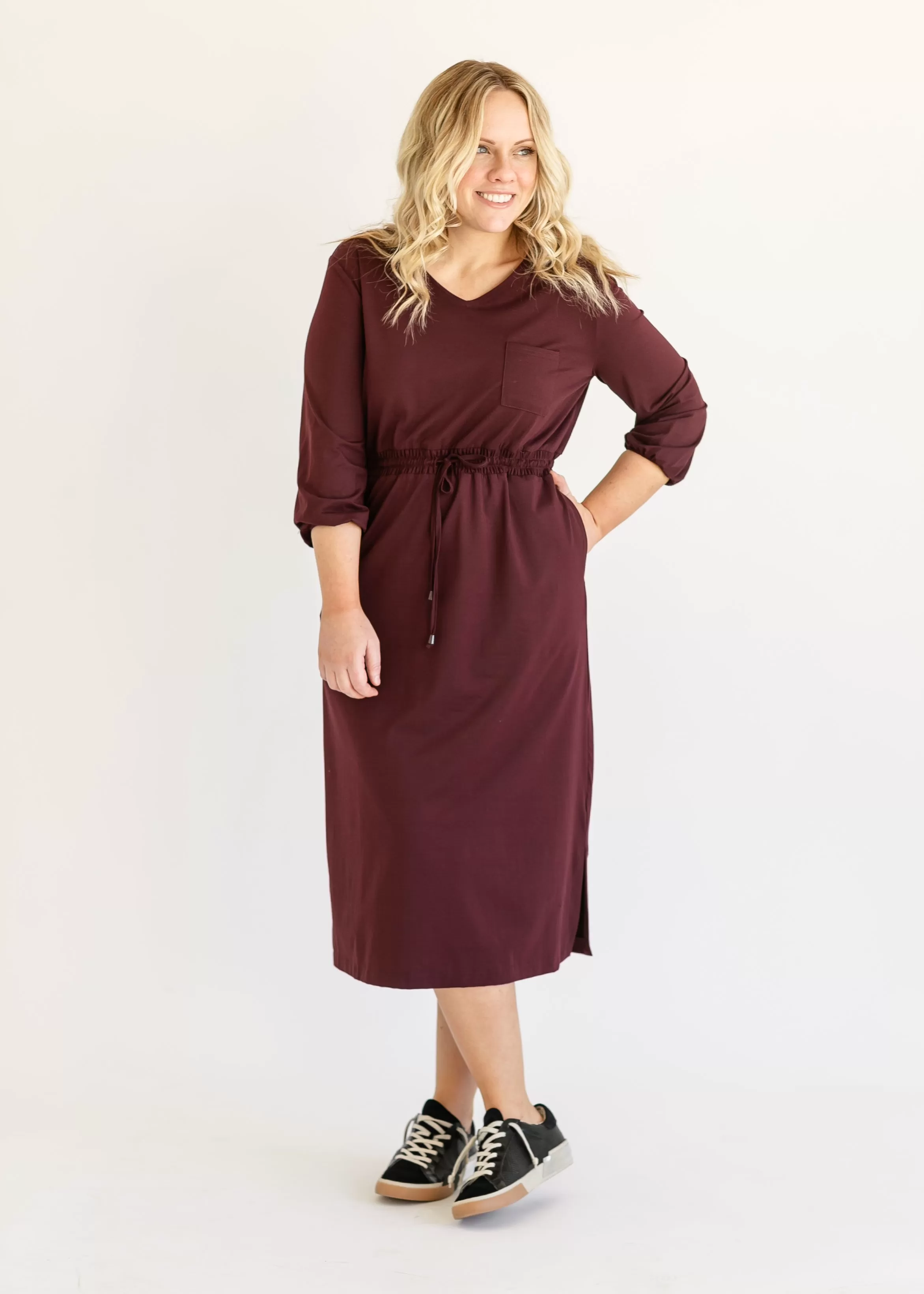 Ashley 3/4 Sleeve Stretch Waist Midi Dress - FINAL SALE