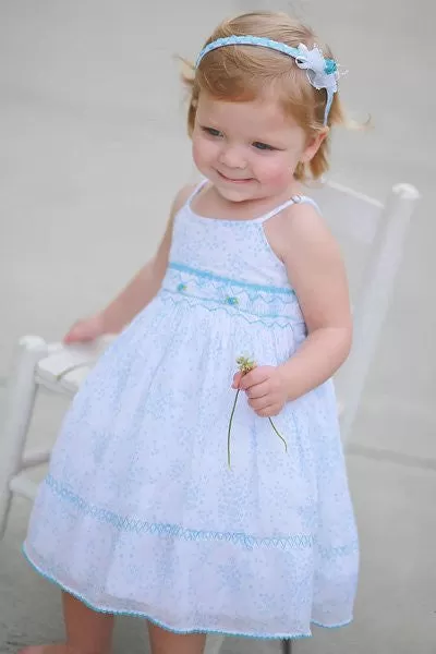 Baby Girls White Floral Turquoise Hand Smocked Summer Dress