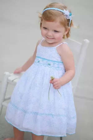 Baby Girls White Floral Turquoise Hand Smocked Summer Dress