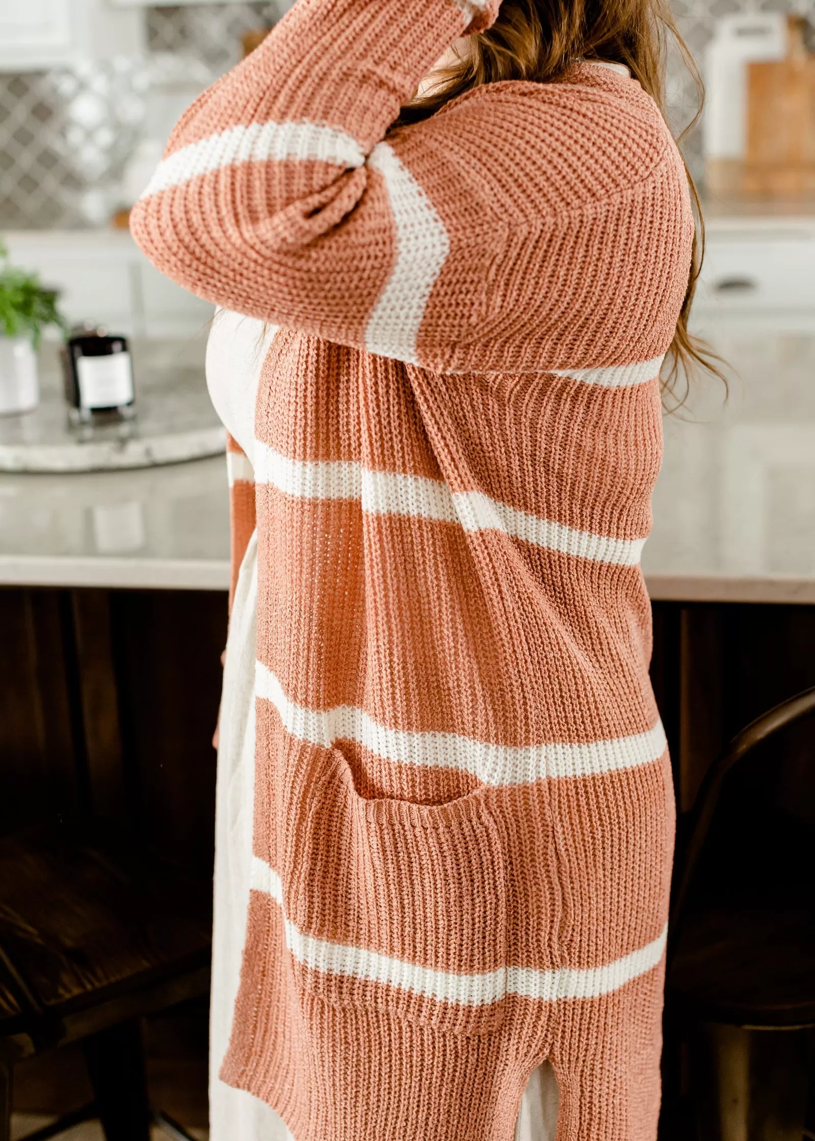 Basic Striped Light Weight Terracotta Cardigan - FINAL SALE