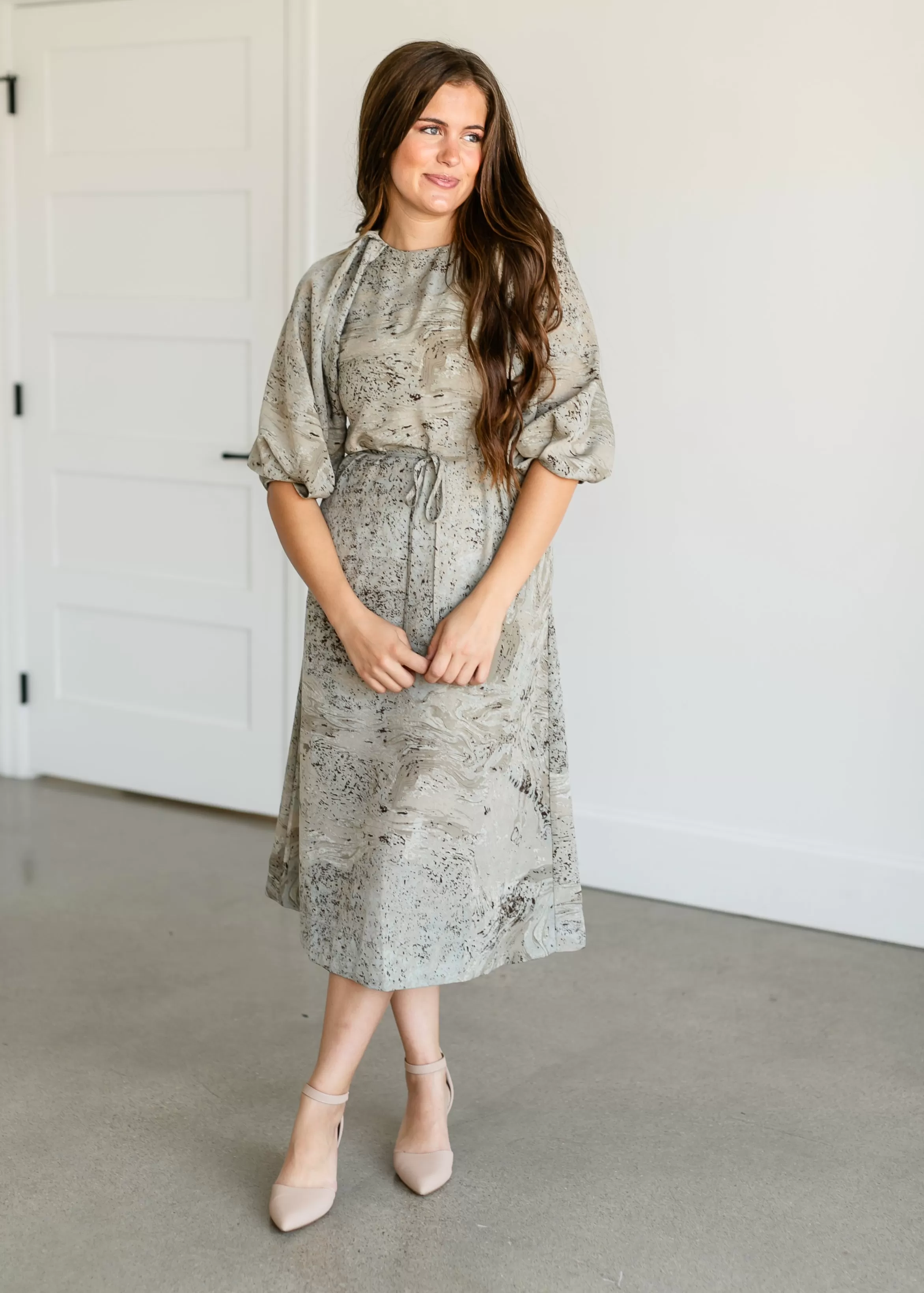 Belted 3/4 Sleeve Printed Satin Midi Dress - FINAL SALE