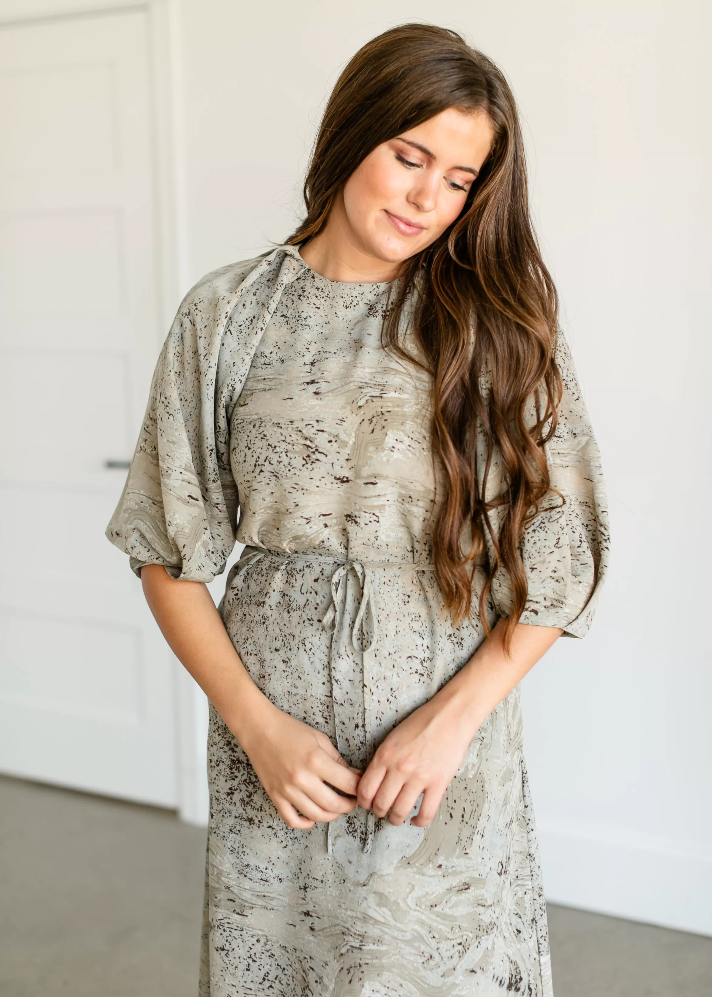 Belted 3/4 Sleeve Printed Satin Midi Dress - FINAL SALE