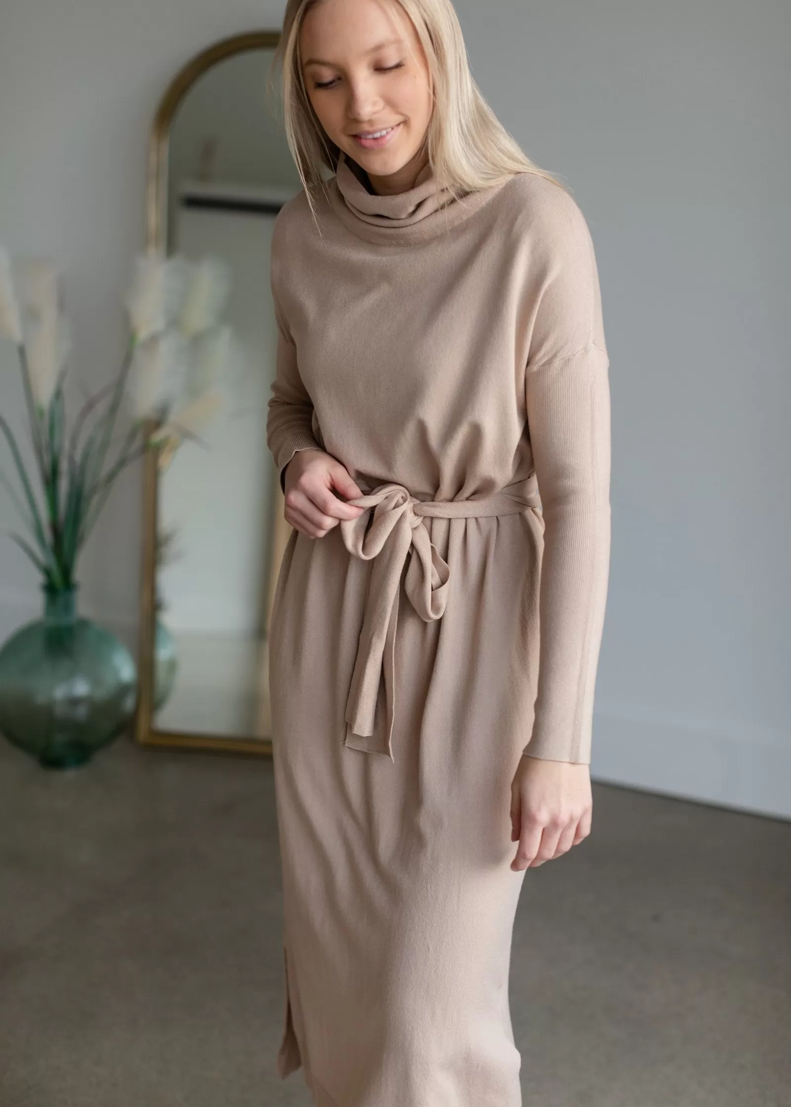 Belted Cowl Turtle Neck Knit Midi Dress