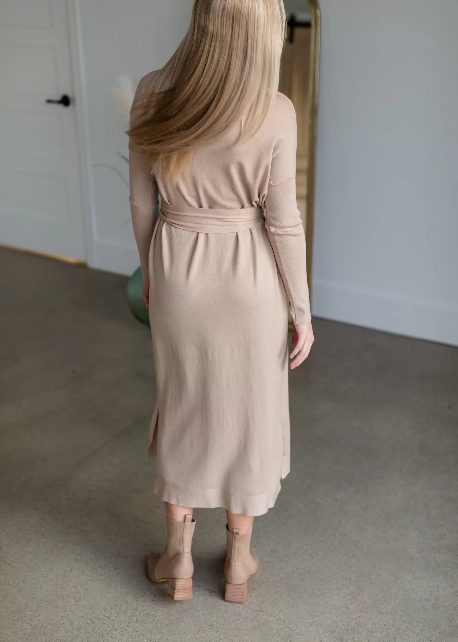 Belted Cowl Turtle Neck Knit Midi Dress