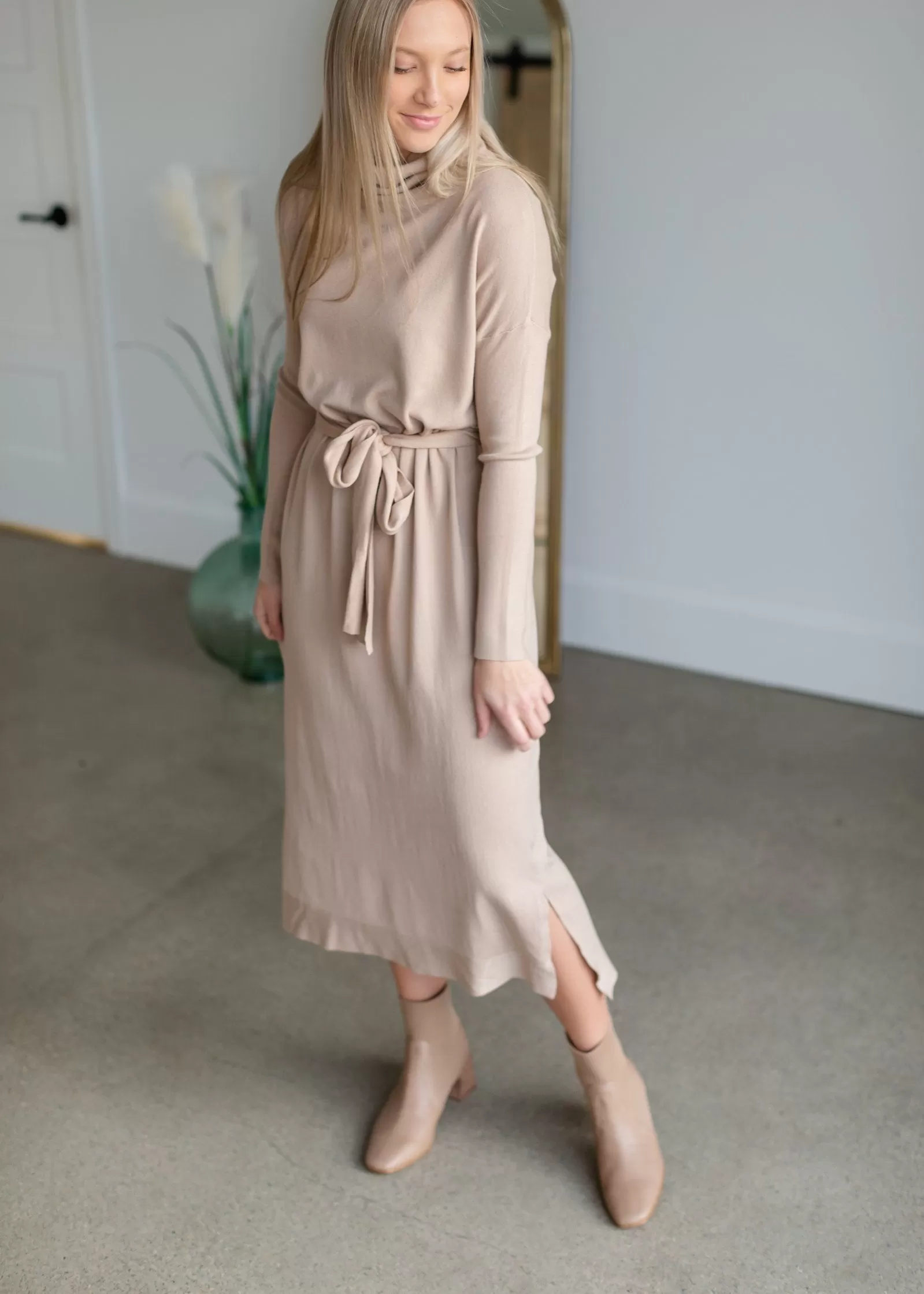 Belted Cowl Turtle Neck Knit Midi Dress