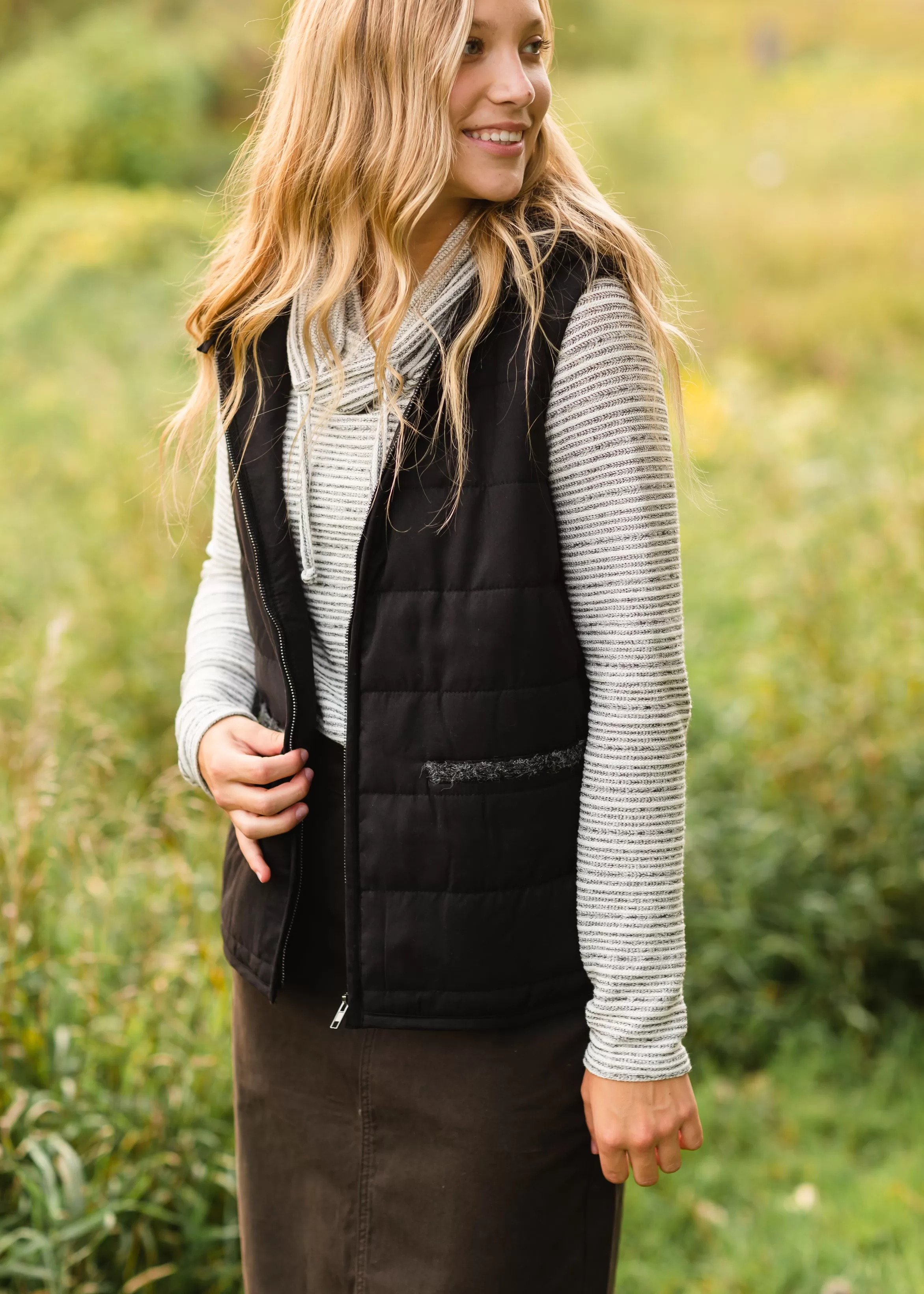 Black Faux Pocket Hooded Vest - FINAL SALE