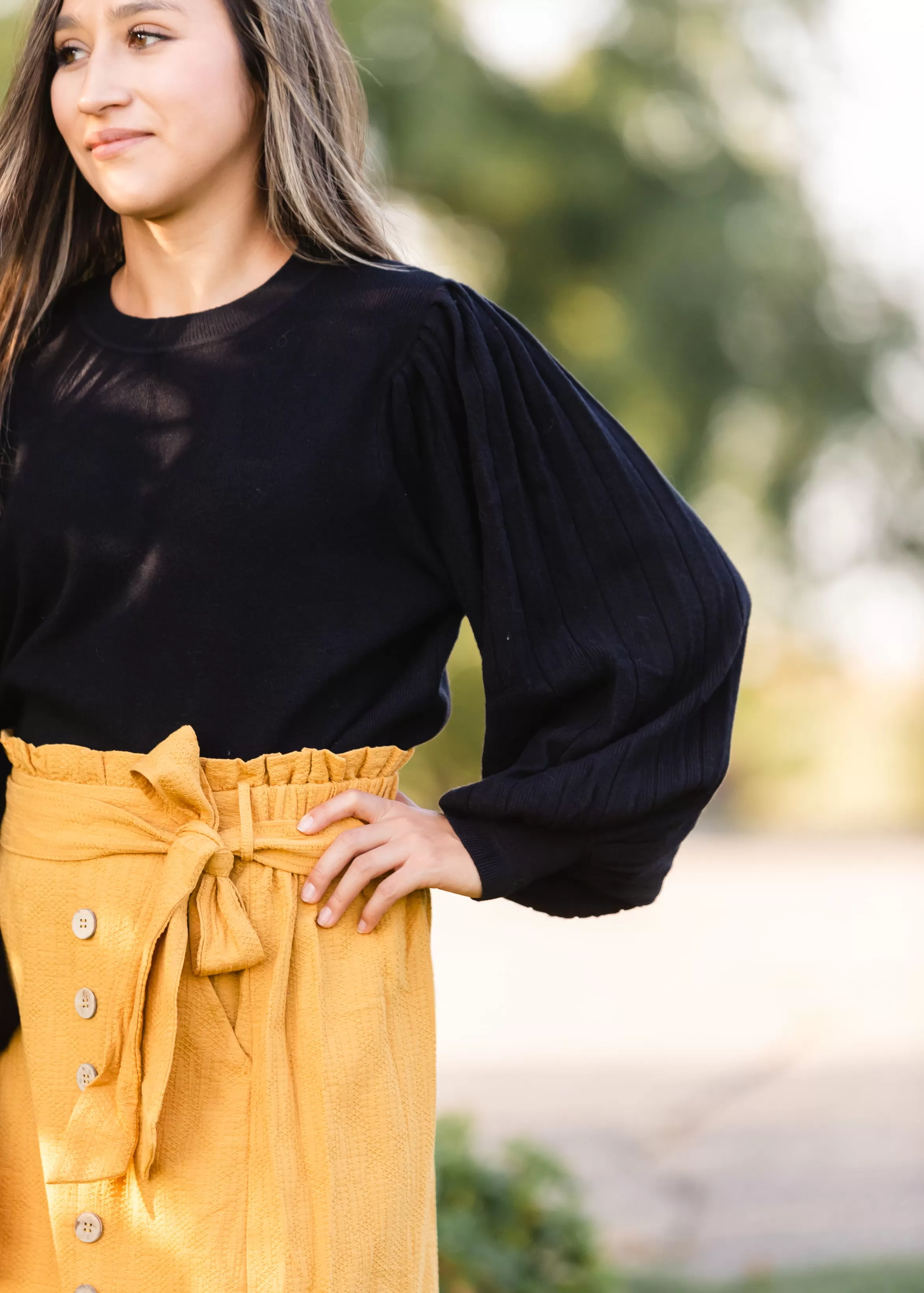 Black Pleated Sleeve Crewneck Sweater