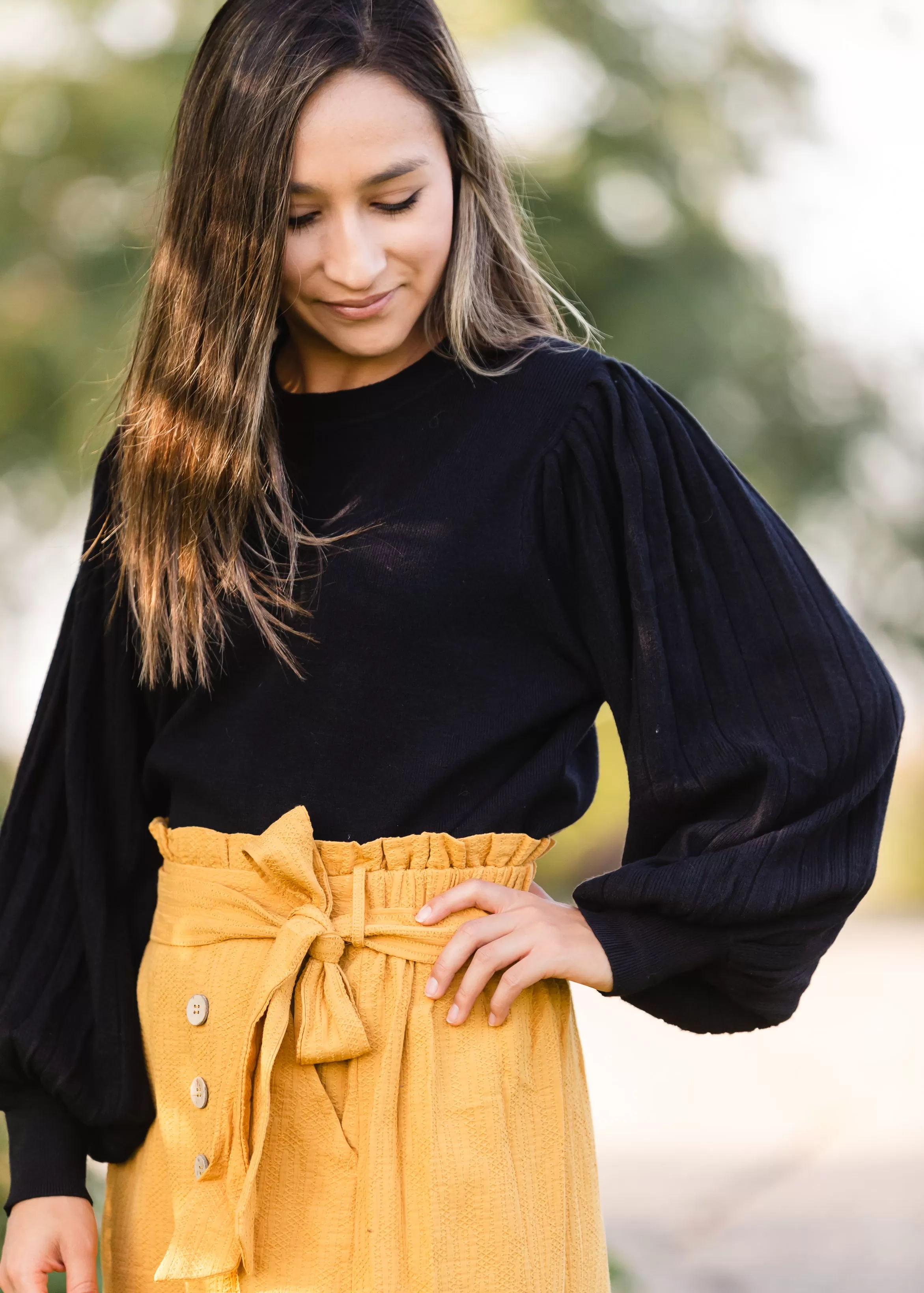 Black Pleated Sleeve Crewneck Sweater