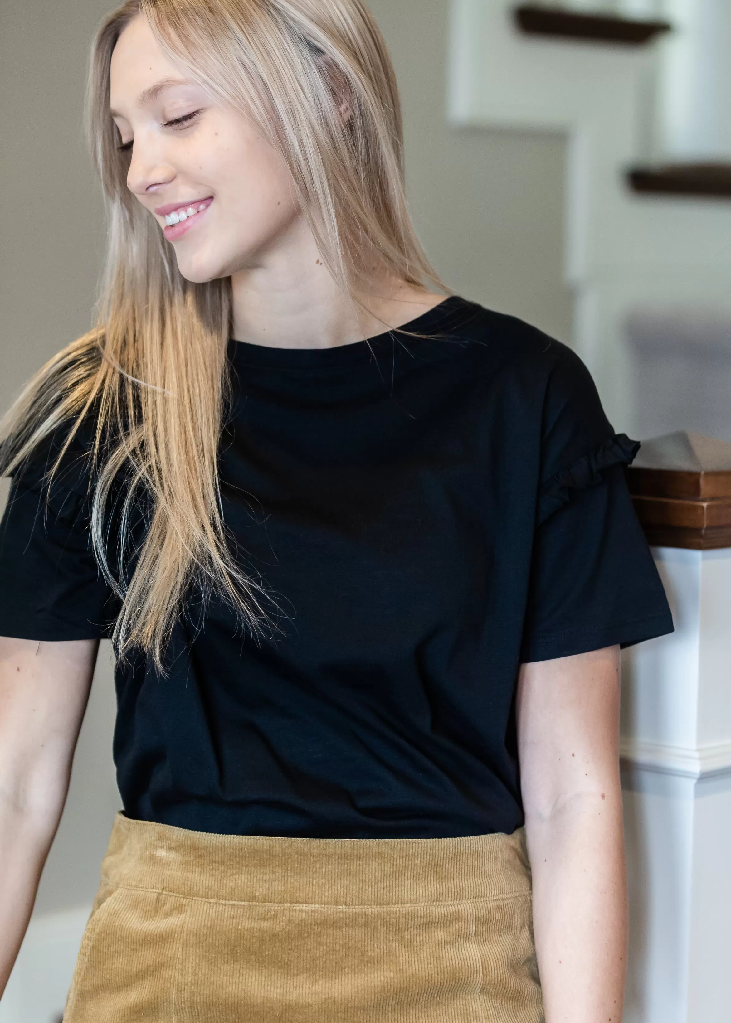 Black Ruffled Shoulder Top