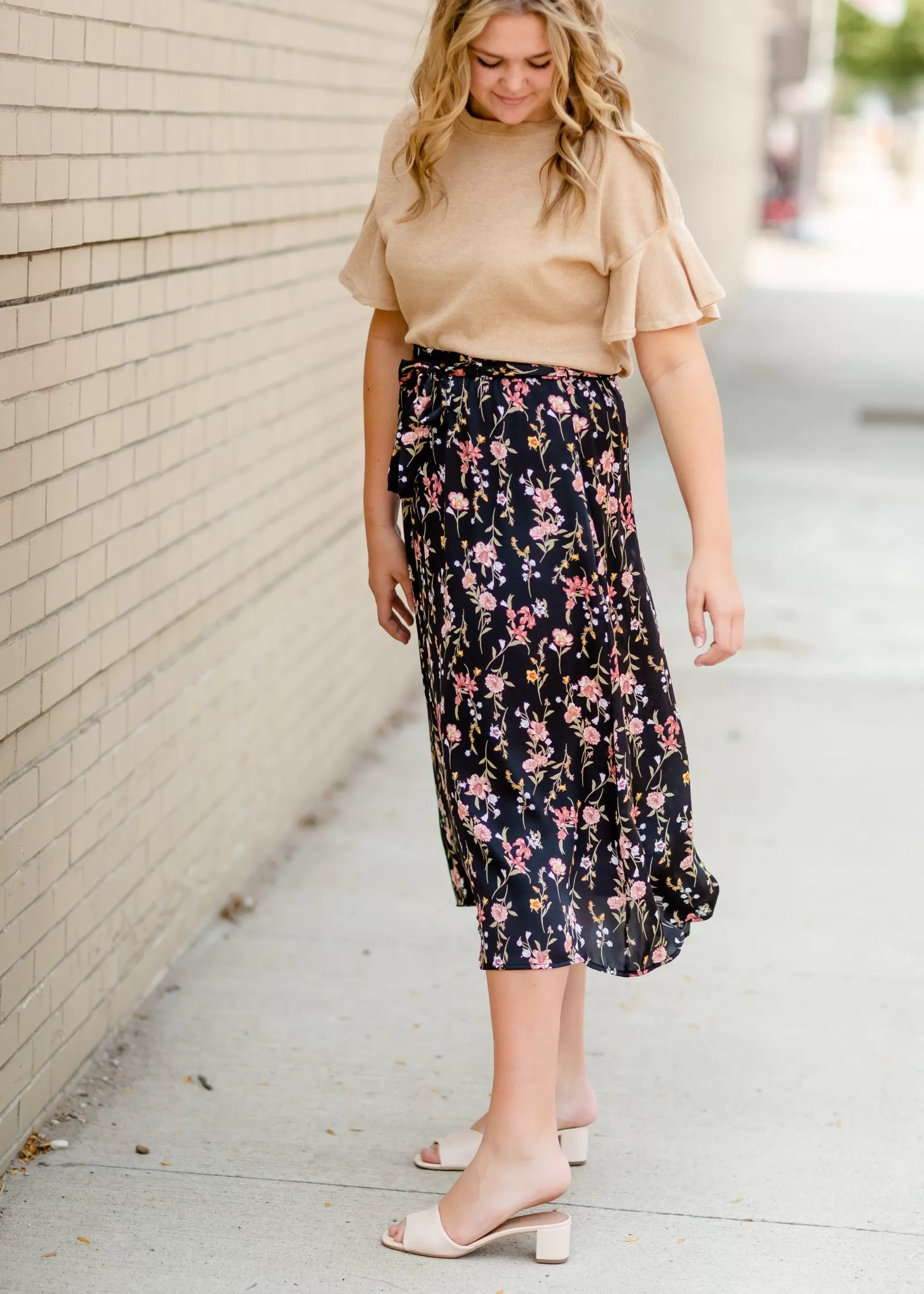 Black Satin Floral Midi Skirt - FINAL SALE