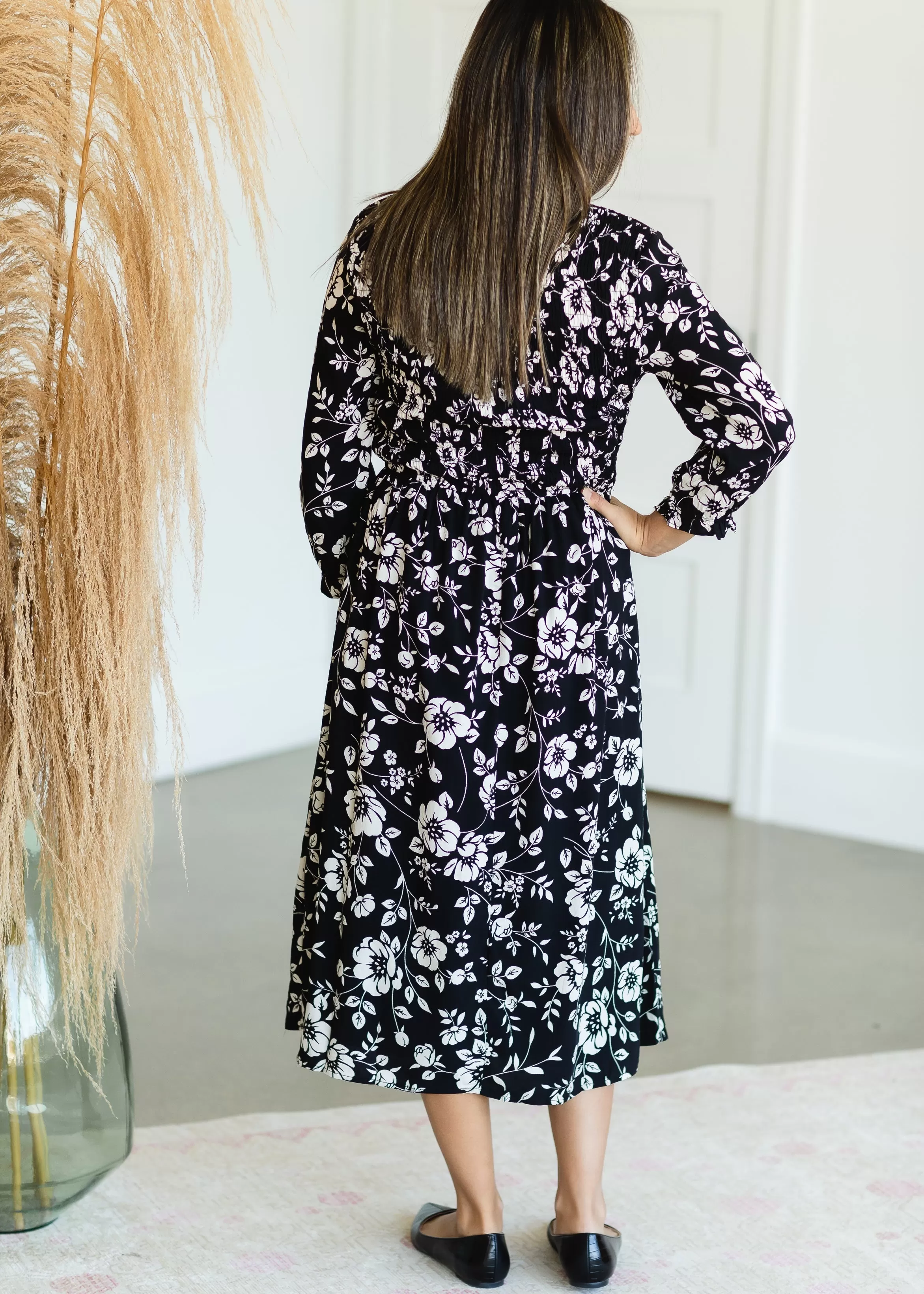 Black Smocked Floral Midi Dress - FINAL SALE