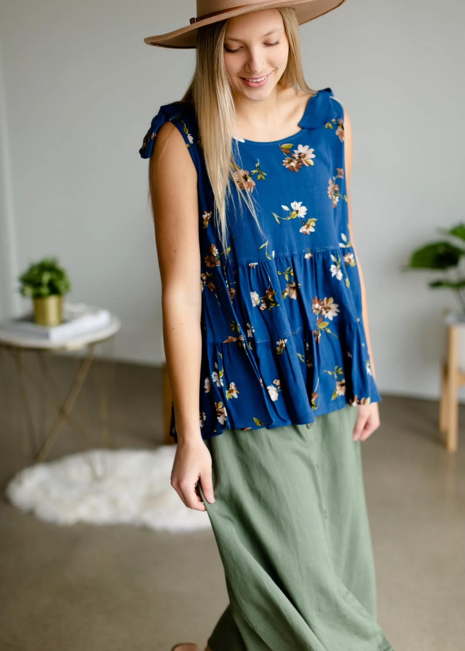 Blue Floral Tie Shoulder Top - FINAL SALE