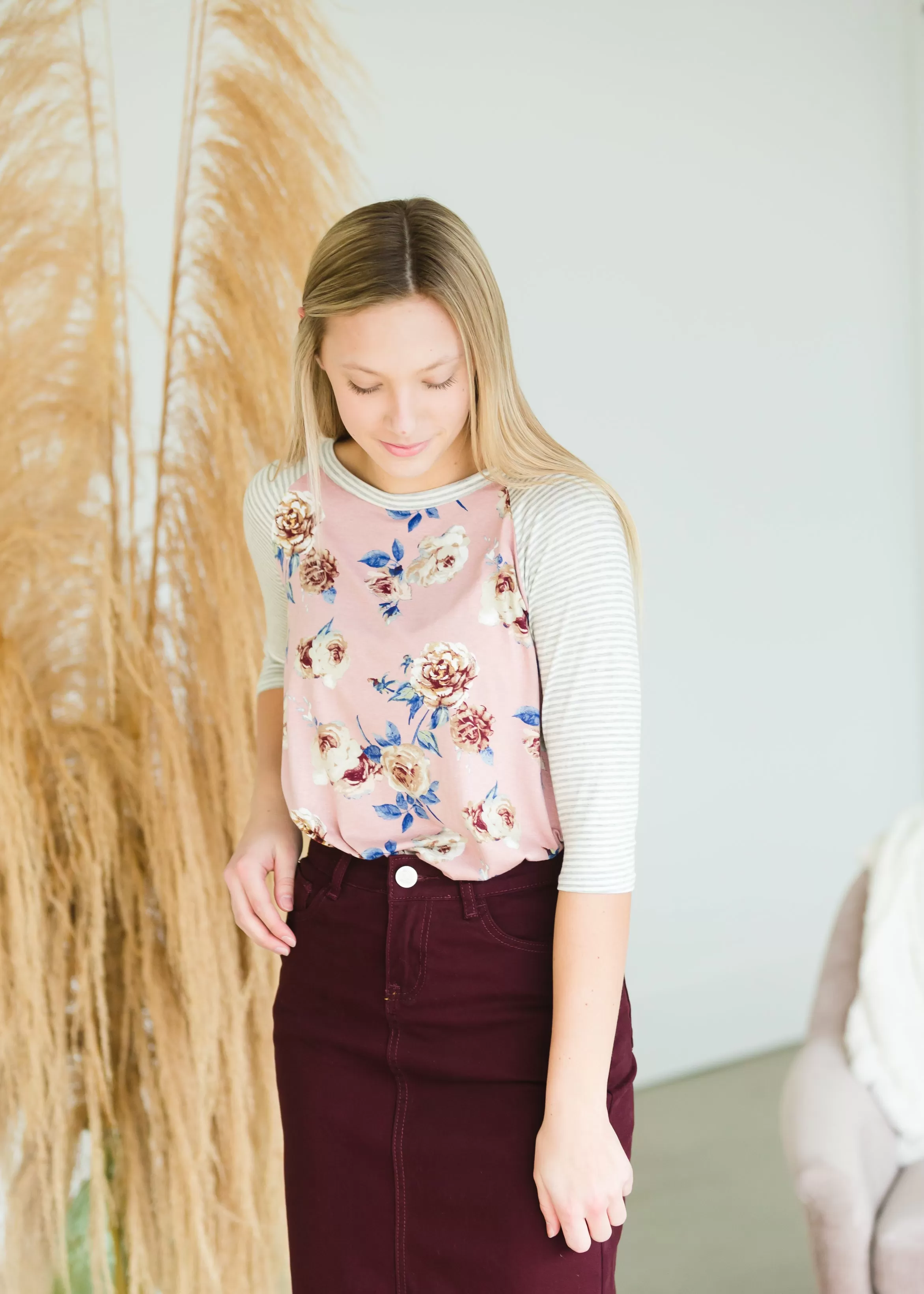 Blush Floral   Pin Striped Top - FINAL SALE