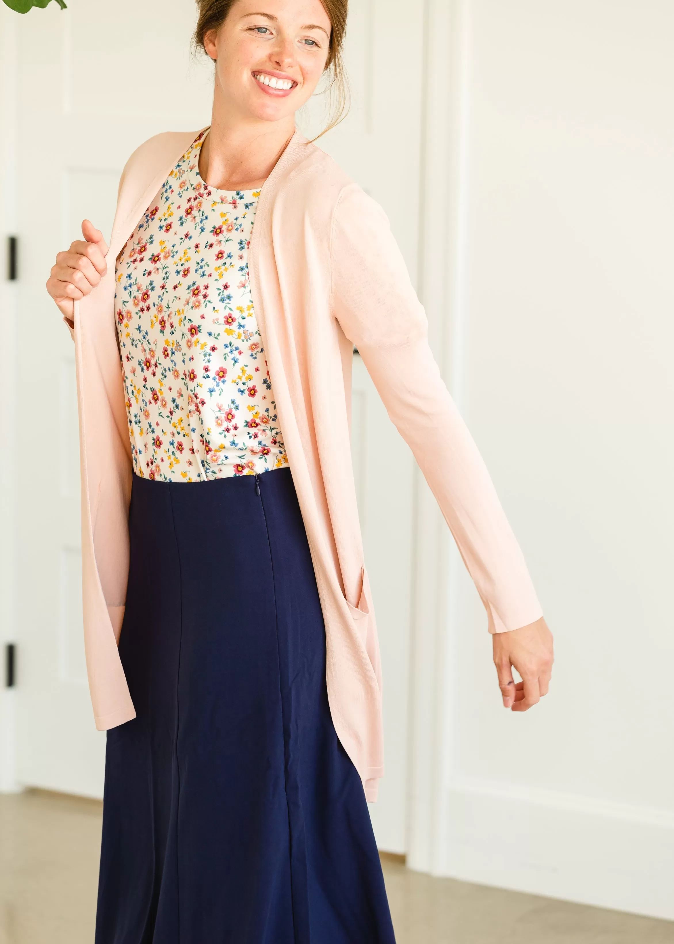 Blush Open Front Long Sleeve Cardigan