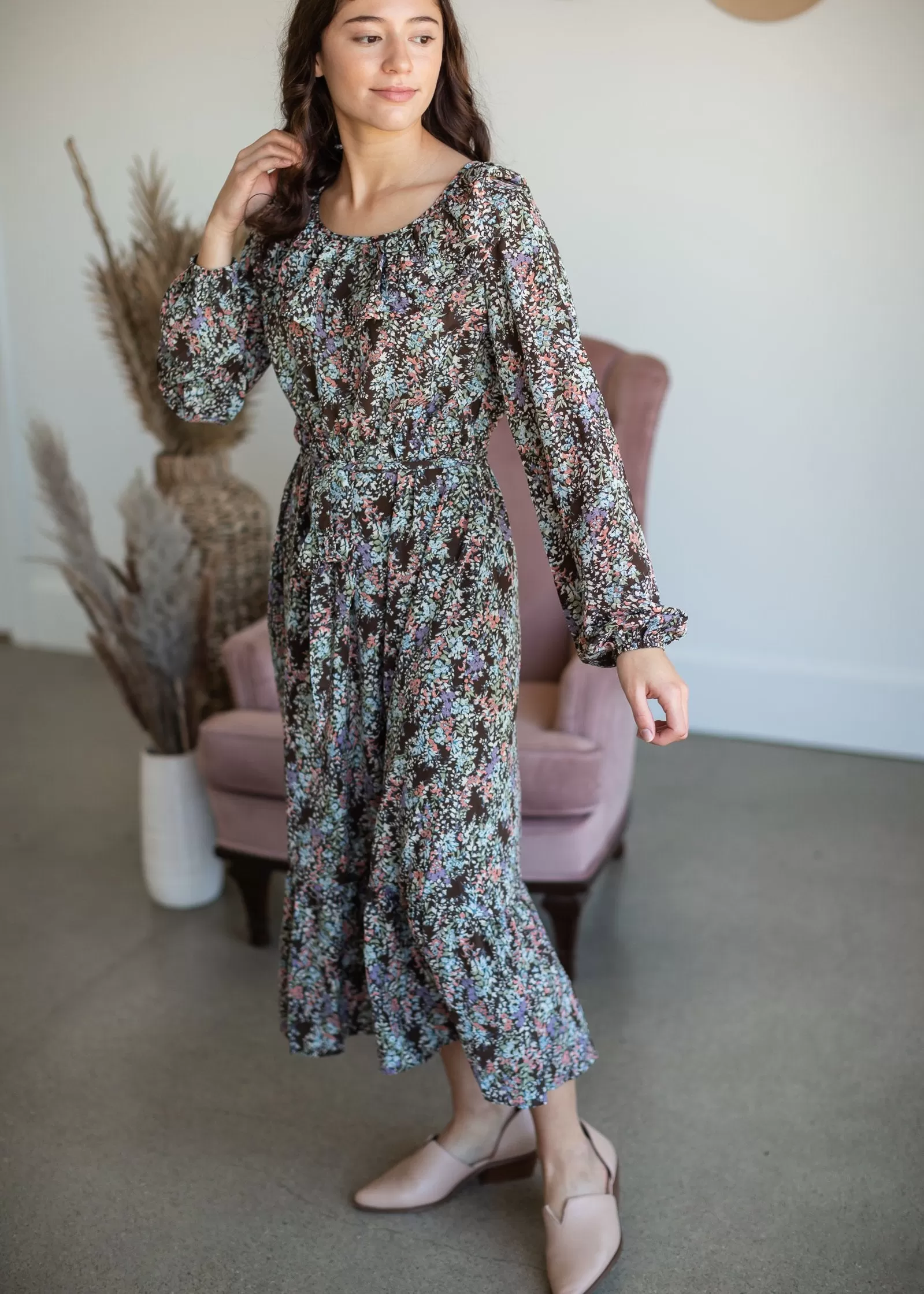 Brown Botanical Print Belted Dress - FINAL SALE