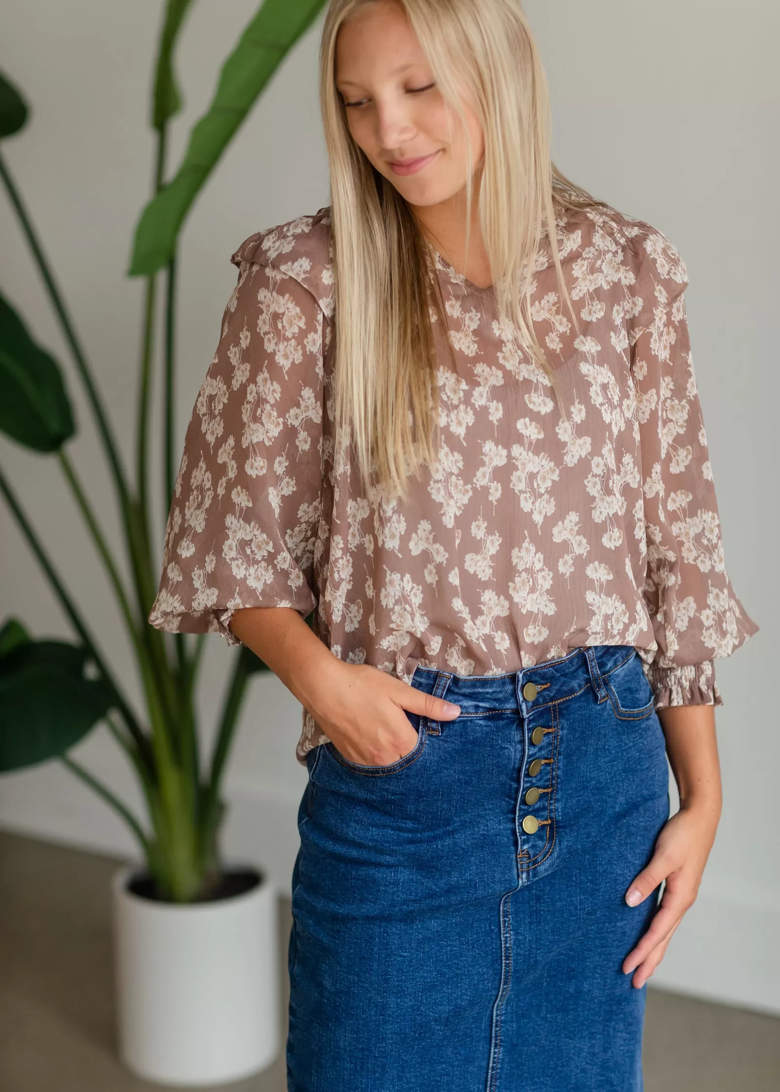 Brown Floral Smocked Blouse - FINAL SALE