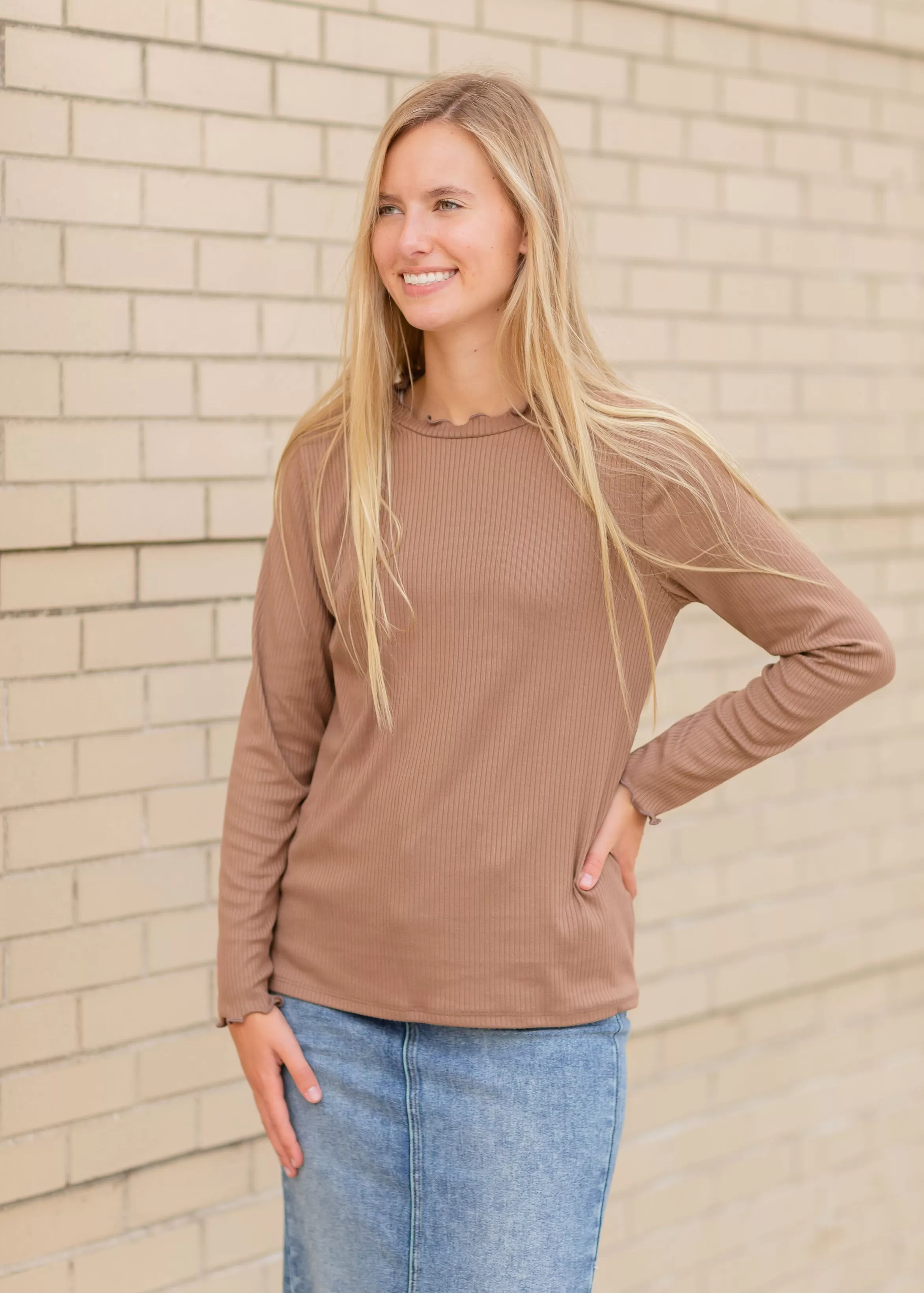 Brown Ruffle Neck Top - FINAL SALE