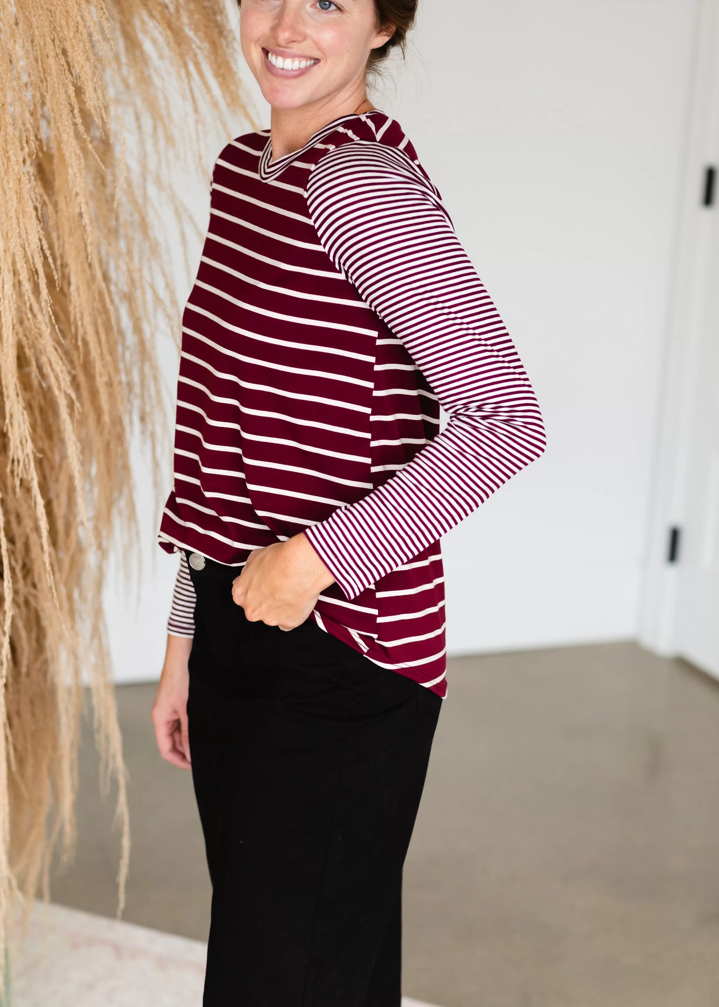 Burgundy Mixed Striped Long Sleeve Top - FINAL SALE