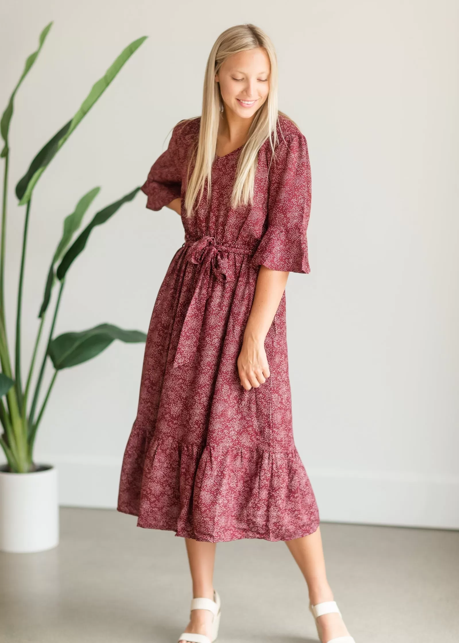 Burgundy Patterned Flouncy Midi Dress - FINAL SALE