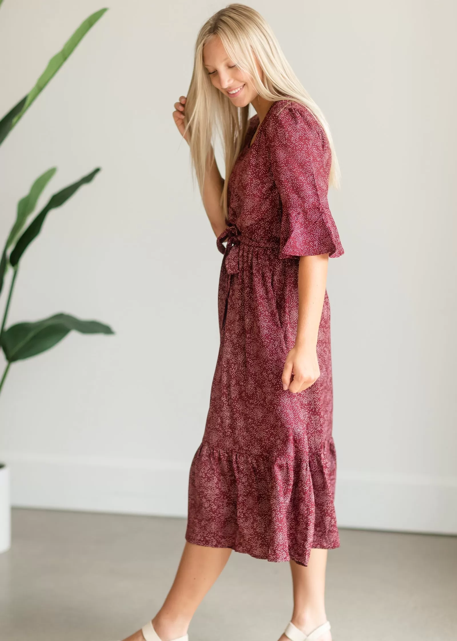 Burgundy Patterned Flouncy Midi Dress - FINAL SALE