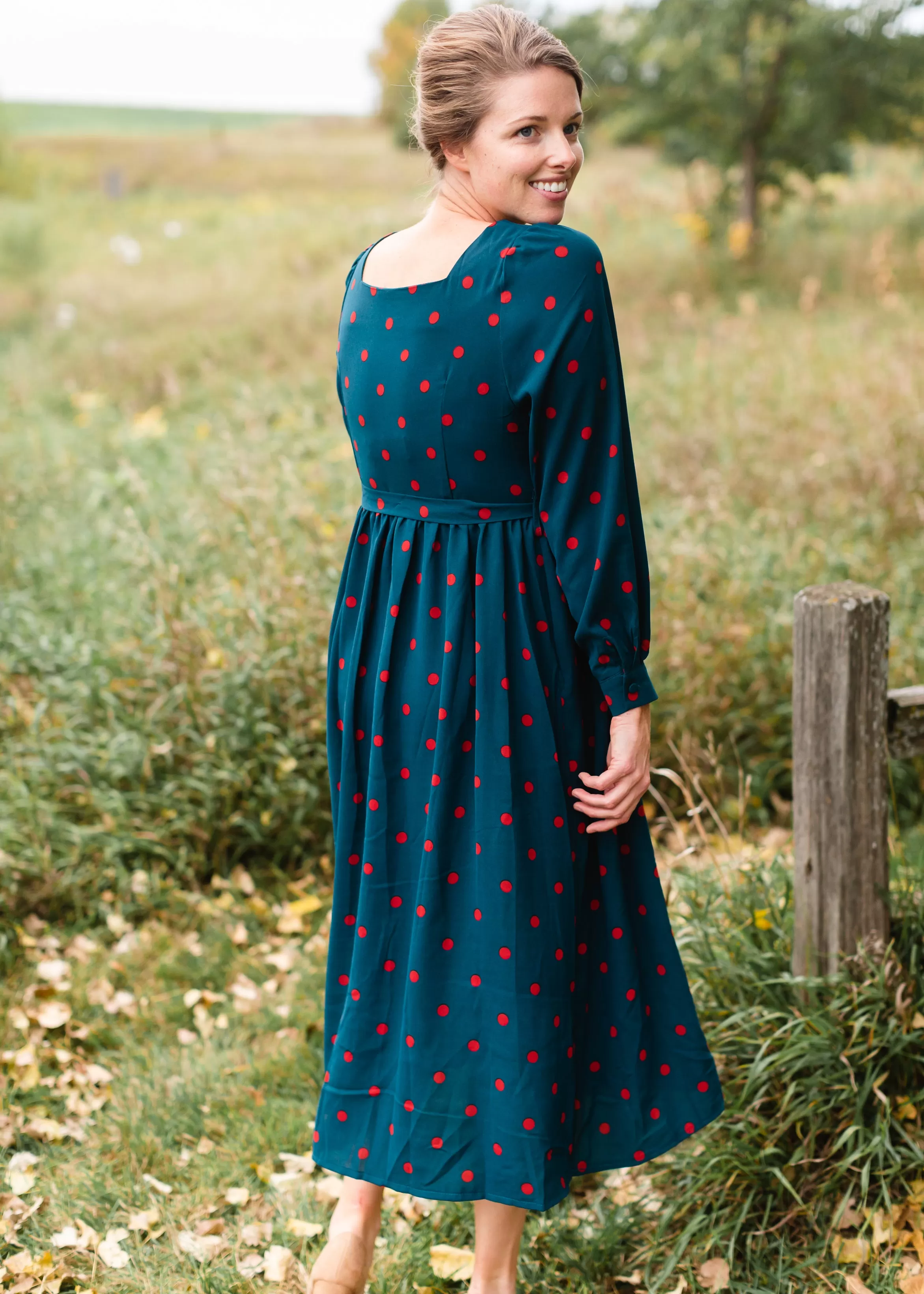 Button Front Tie Waist Polka Dot Midi Dress - FINAL SALE