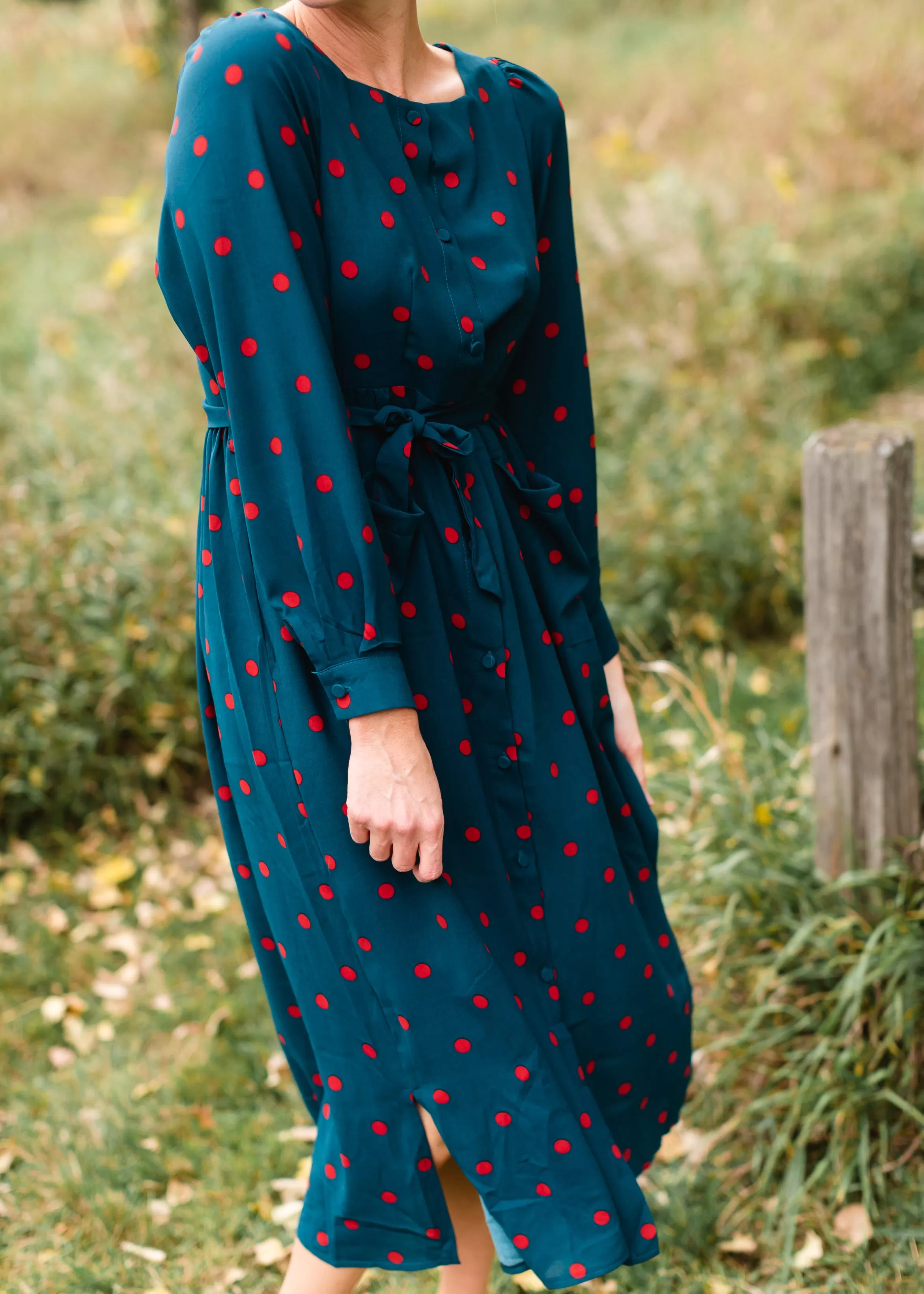 Button Front Tie Waist Polka Dot Midi Dress - FINAL SALE