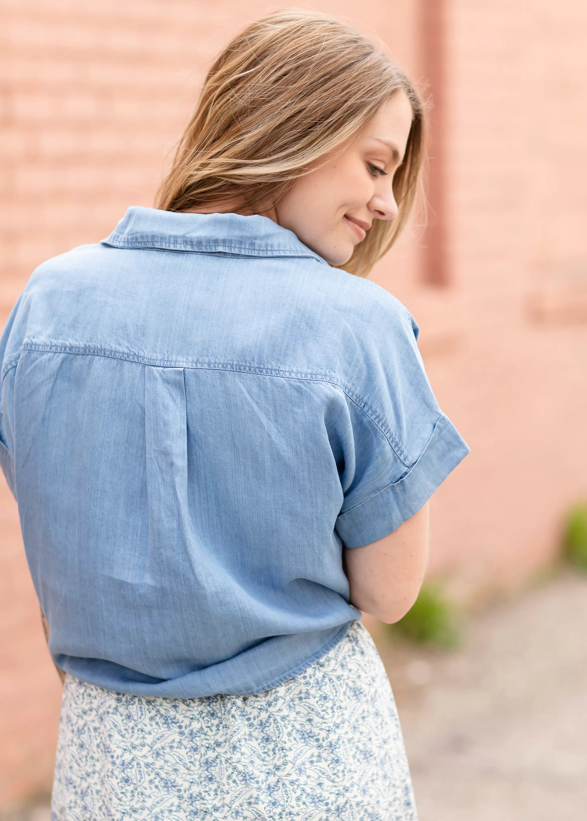 Button Up Chambray Short Sleeve Tie Front Shirt