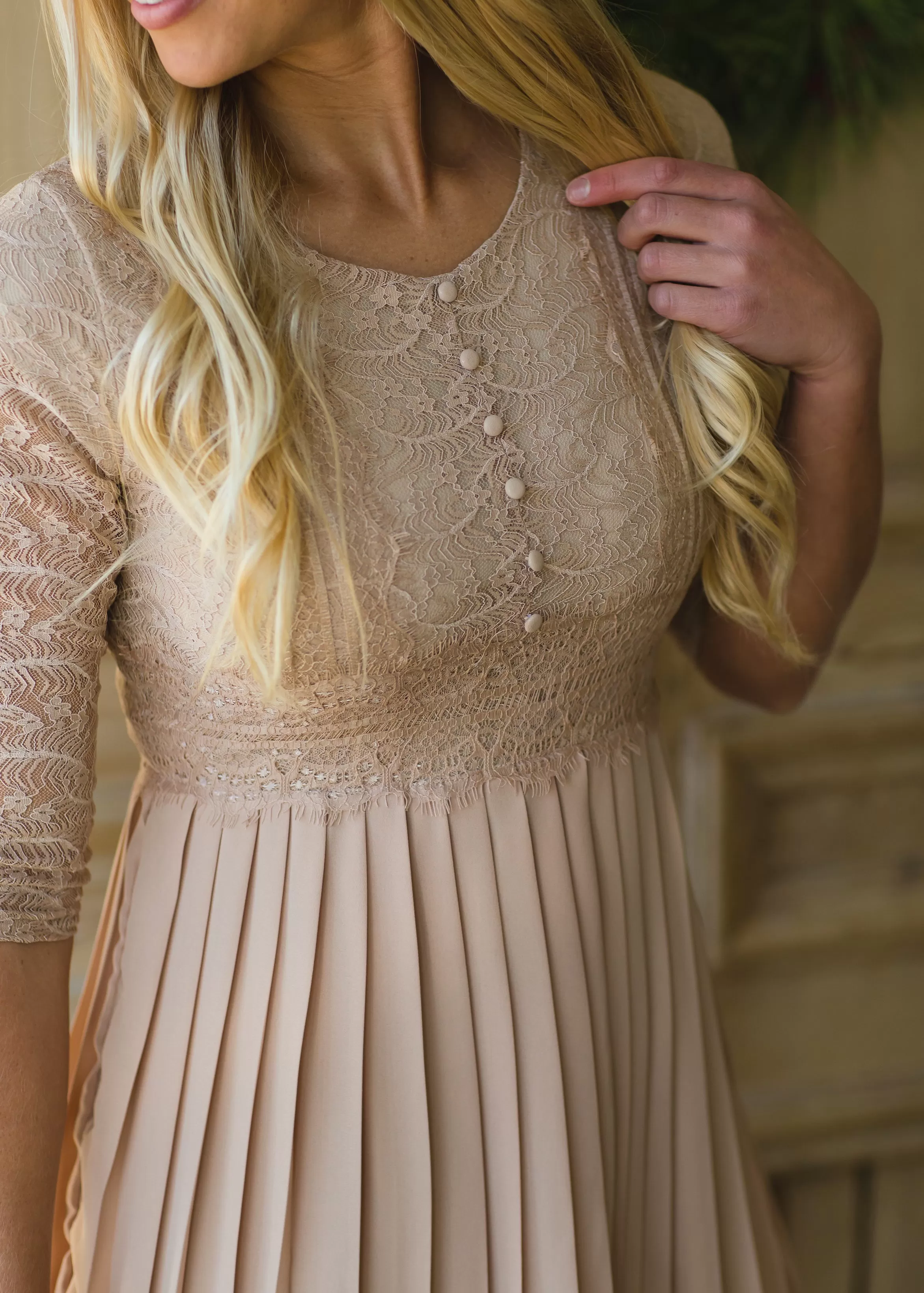 Button Up Lace Pleated Midi Dress