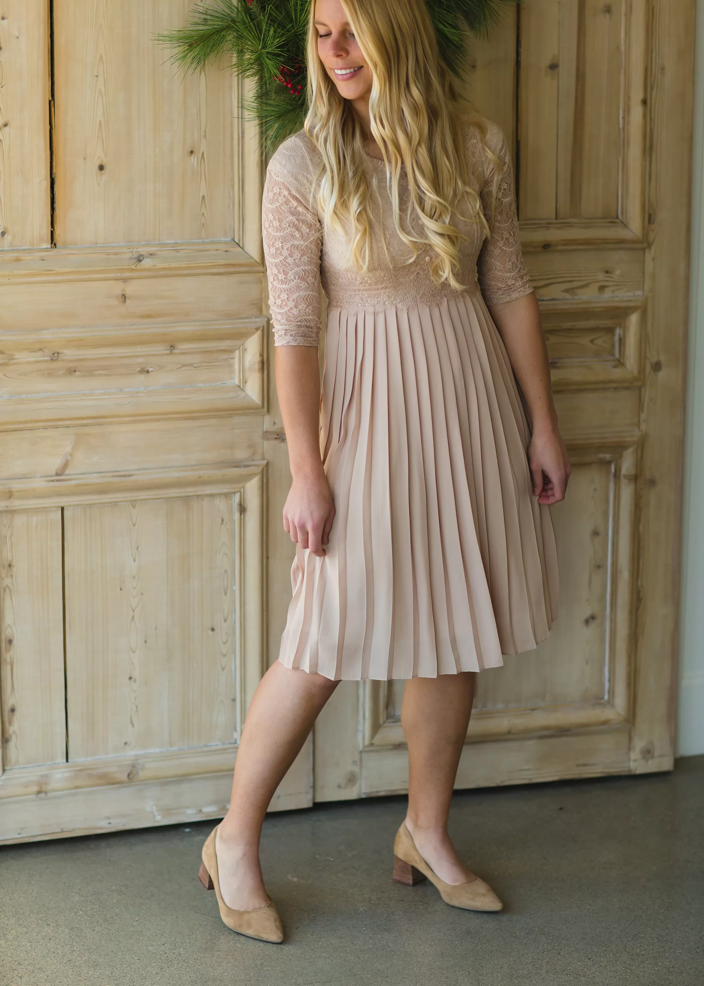 Button Up Lace Pleated Midi Dress