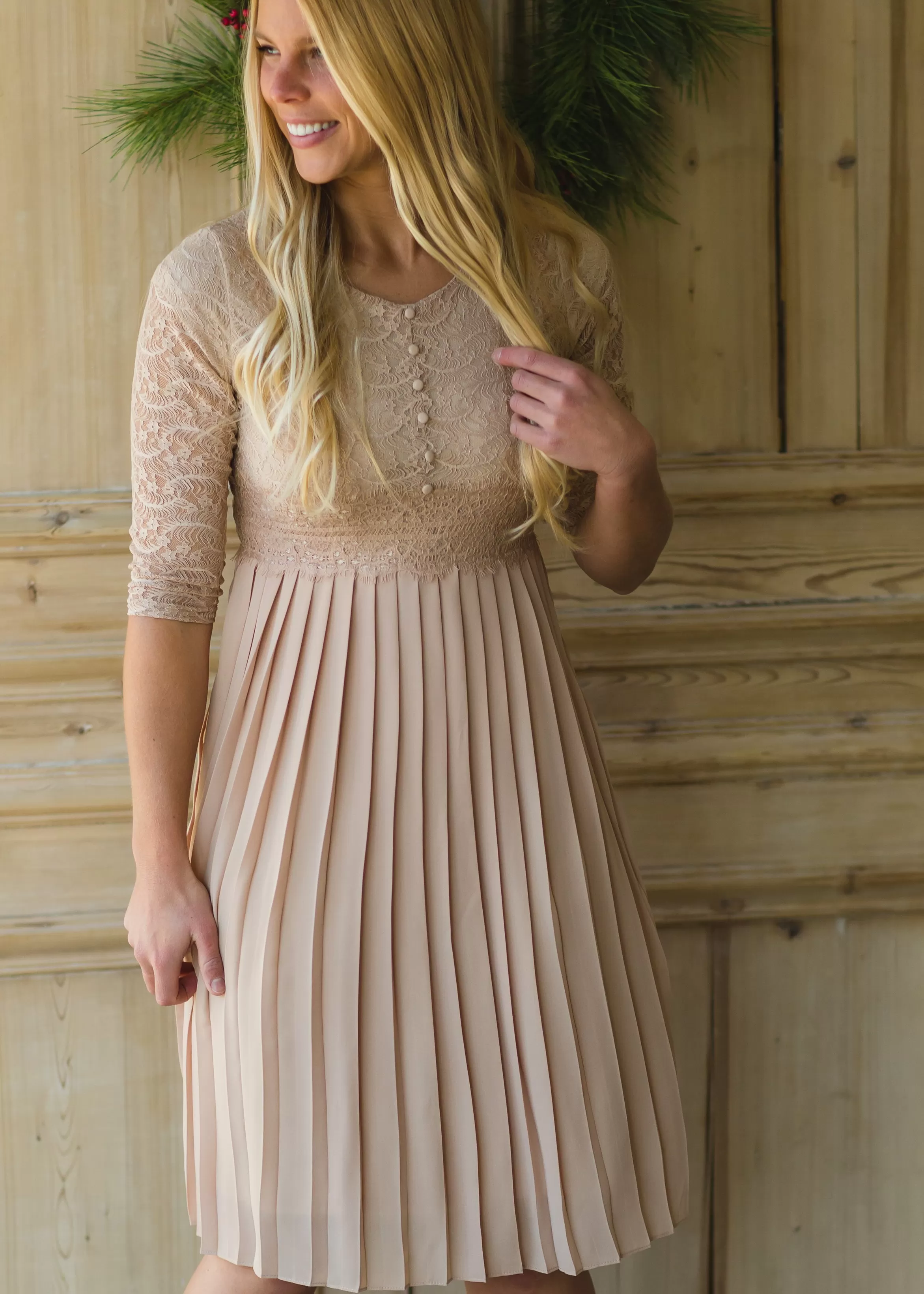 Button Up Lace Pleated Midi Dress