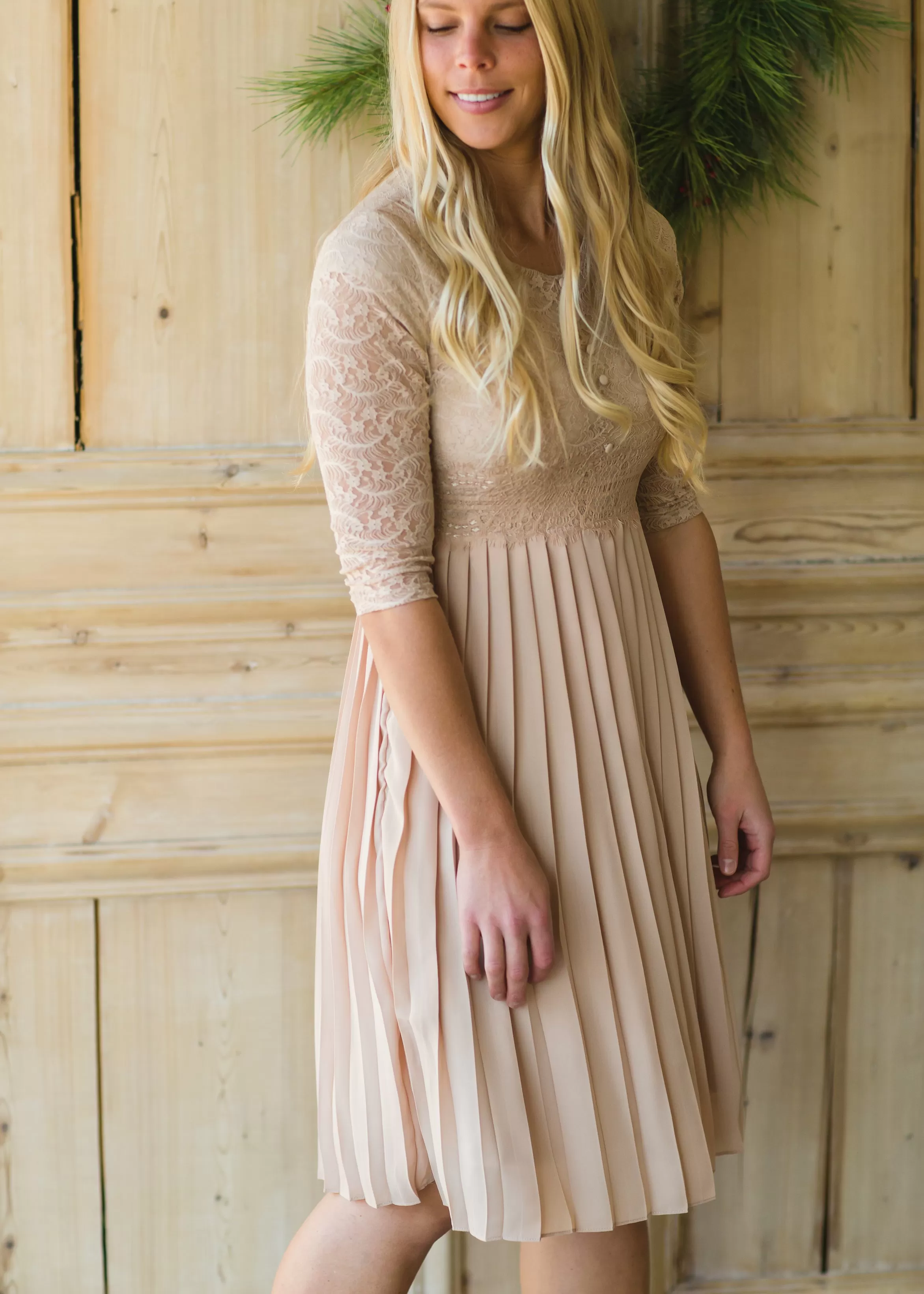 Button Up Lace Pleated Midi Dress