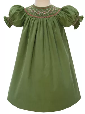 Girls Hand Smocked Fall Bishop Dress In Thanksgiving Green Size 5 yrs.