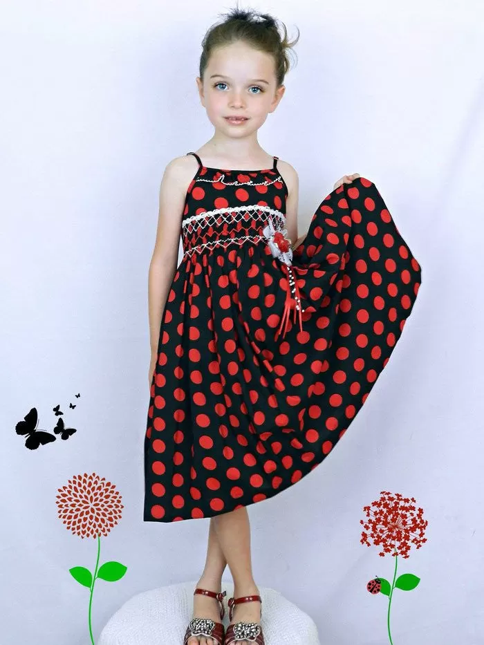 Girls Hand Smocked Summer Dress Black Red Polka Dots