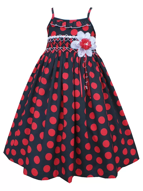 Girls Hand Smocked Summer Dress Black Red Polka Dots