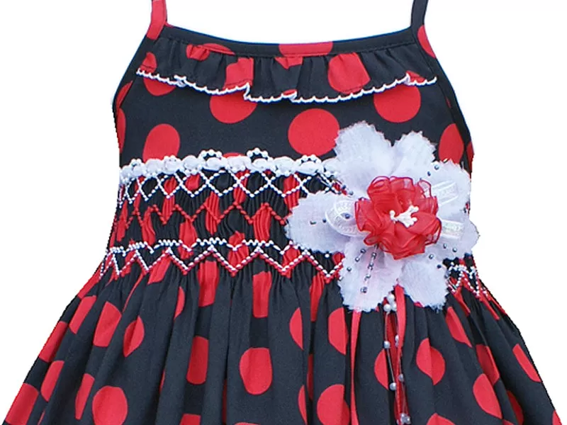 Girls Hand Smocked Summer Dress Black Red Polka Dots