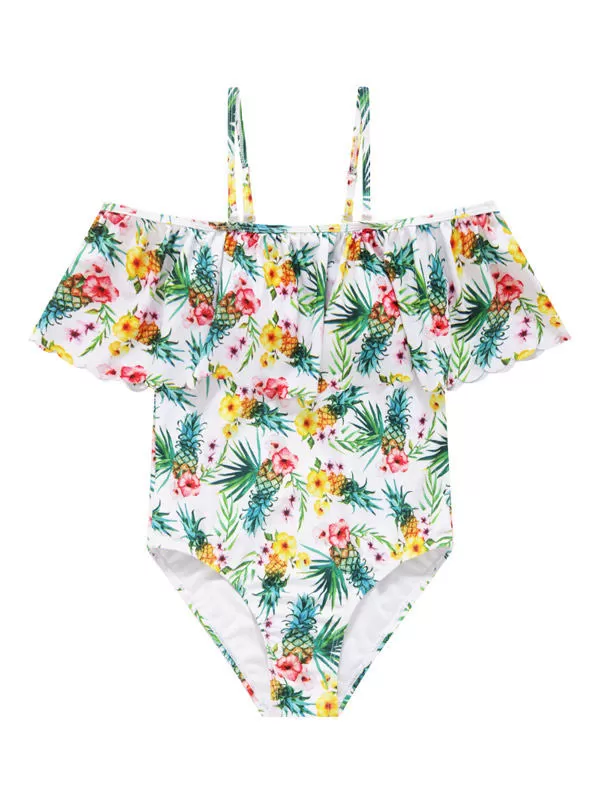 Girls One Piece Floral Swimwear Hawaiian Ruffle Swimsuit