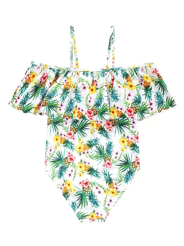 Girls One Piece Floral Swimwear Hawaiian Ruffle Swimsuit