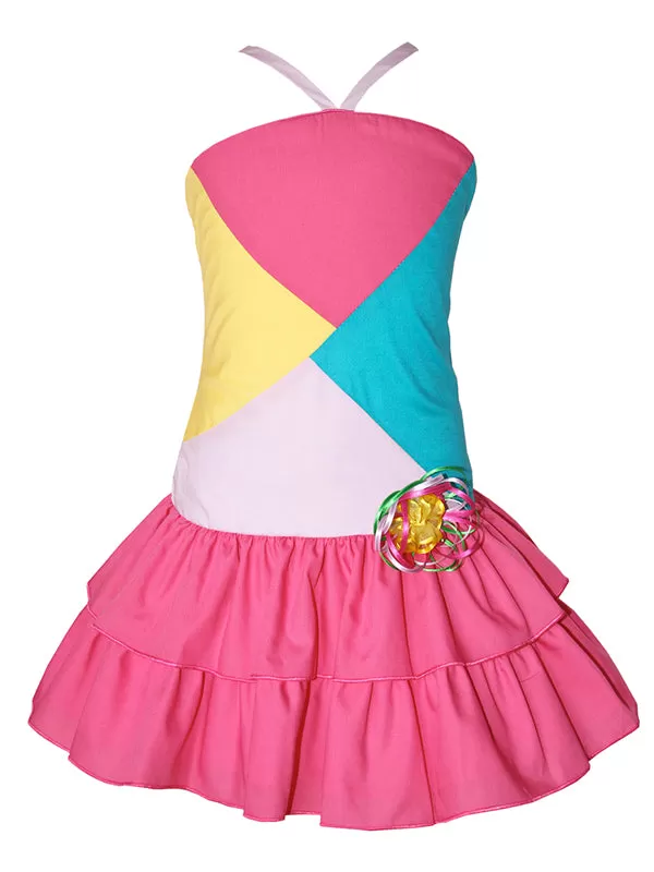 Girls Patched Summer Whimsy Dress with Tiered Pink Skirt