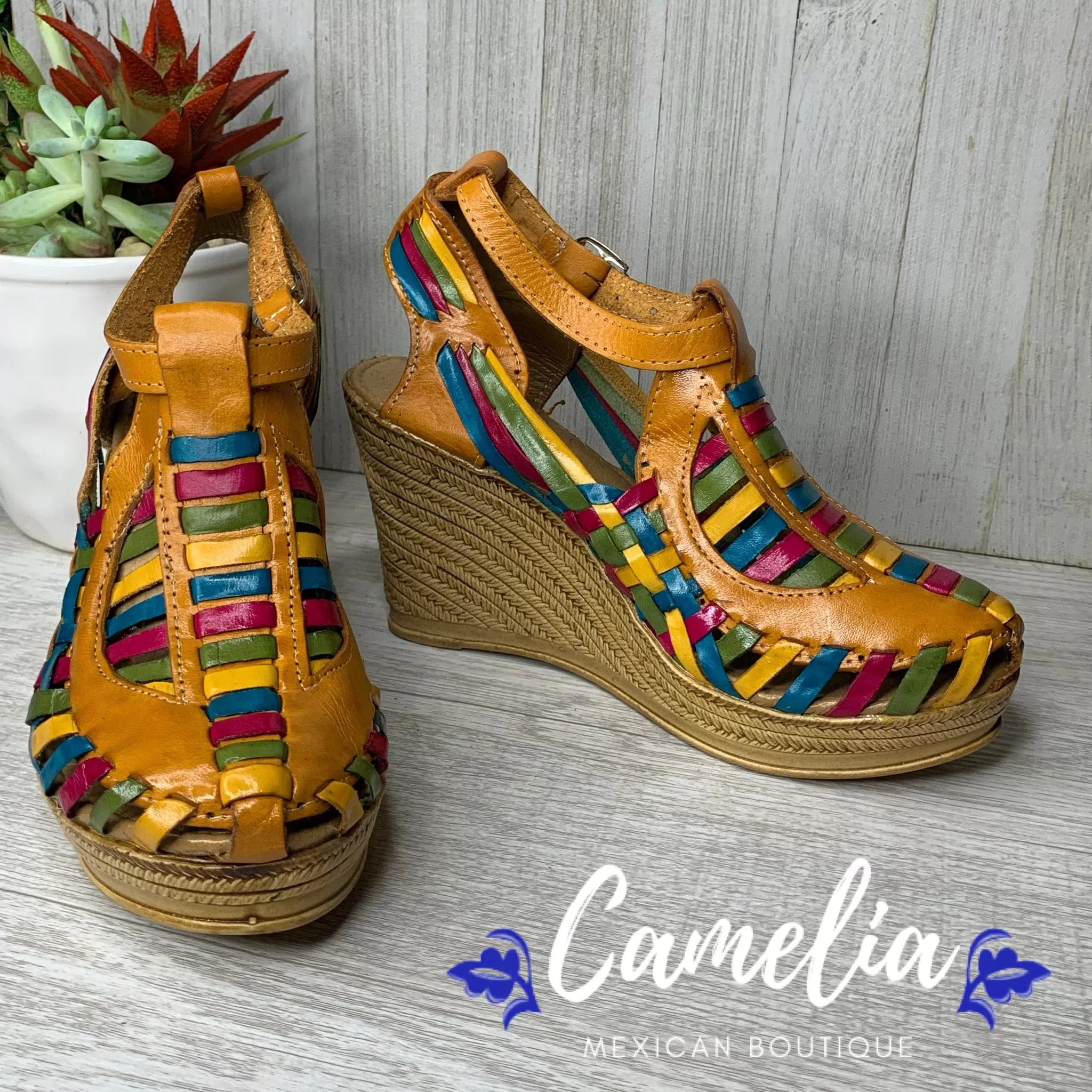 Mexican Leather Wedge Sandals Rainbow