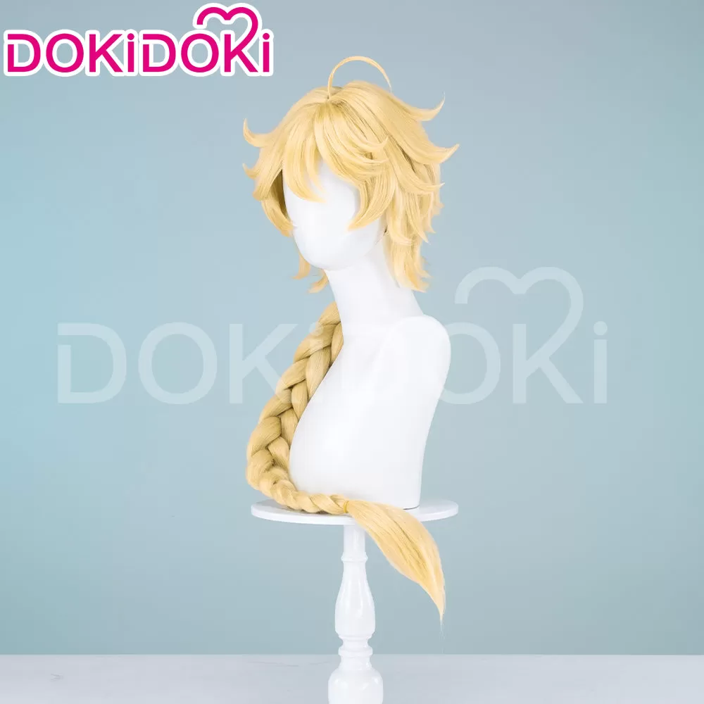 【Ready For Ship】DokiDoki Game Genshin Impact Cosplay Traveler Sora Wig/ Earring  Aether Kong Yellow Long Wig Men