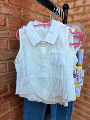 White Basic Ribbed Button Down Tank