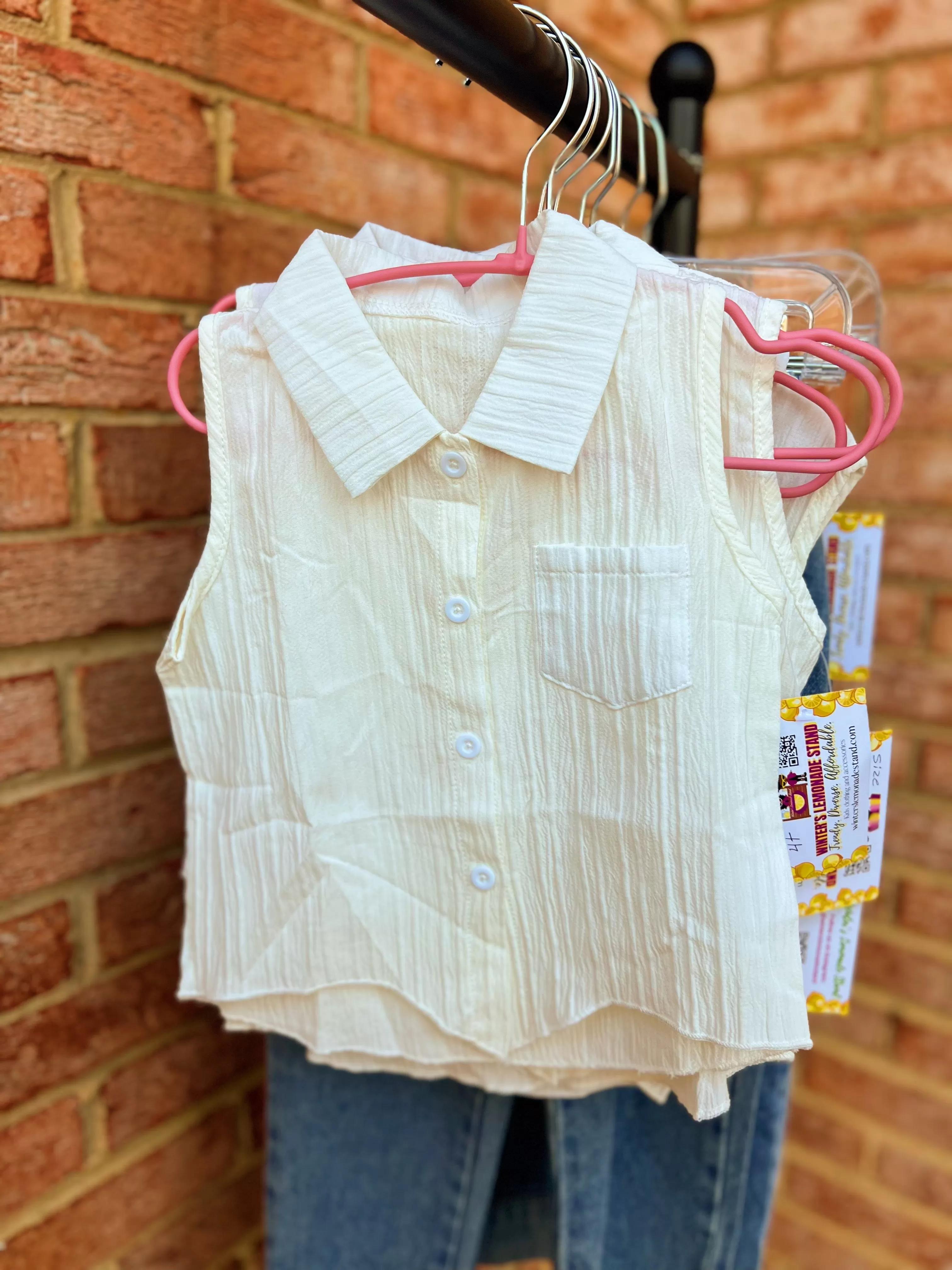 White Basic Ribbed Button Down Tank