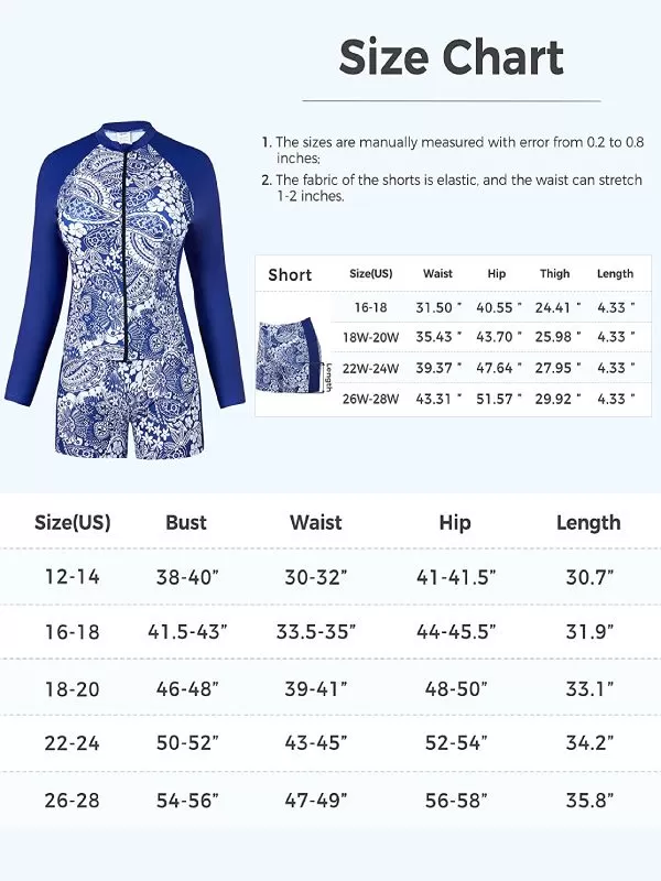 Women's Plus Size Two Piece Rash Guard Swimsuit Zip Front Bathing Suit with Boyshorts